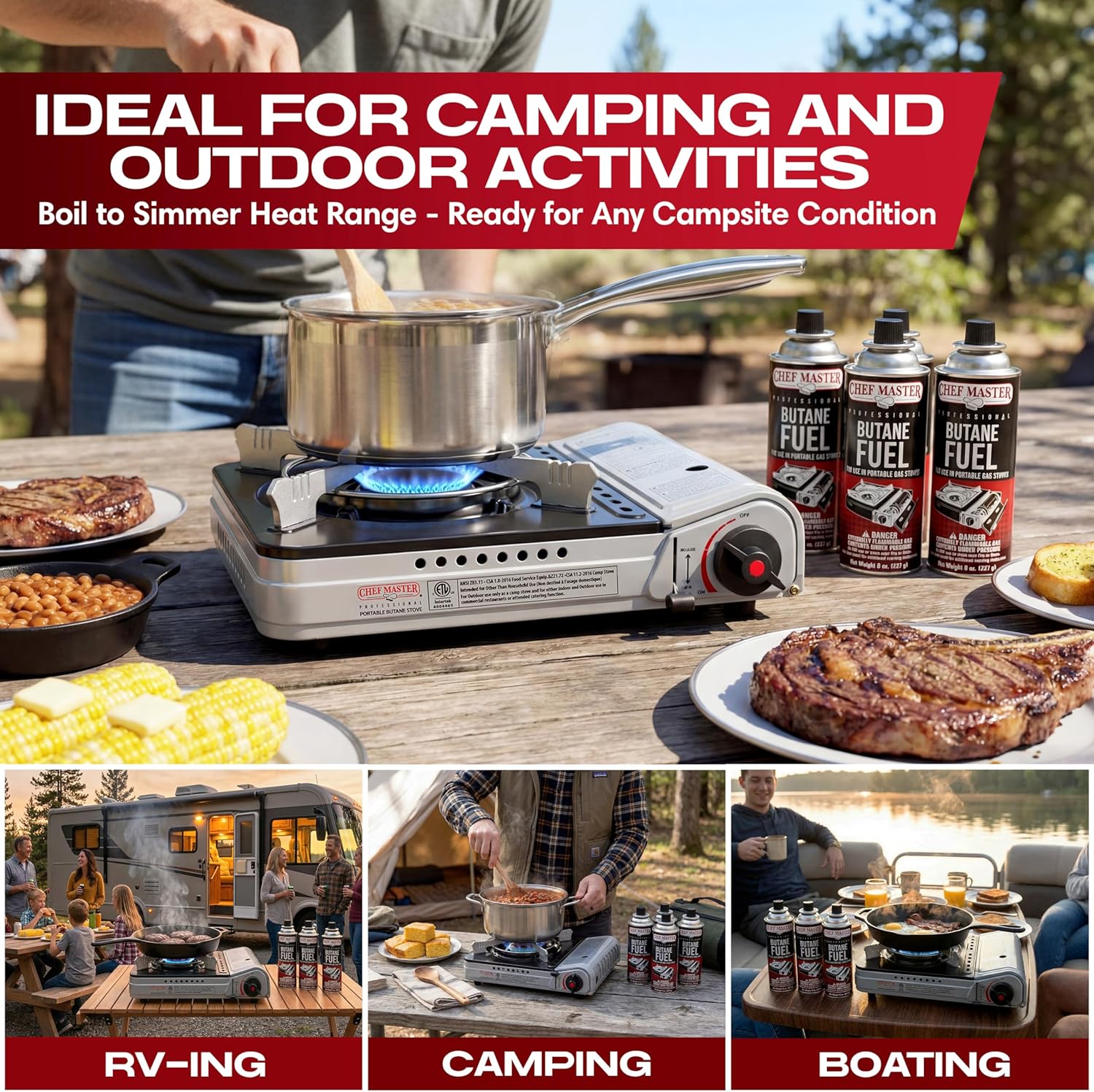 12,000 BTU Portable Butane Camping Stove with 4 x 8oz. Butane Fuel Canister Combo, Double Wind-Guard Portable Stove w/Carry Case for Road Trips, Camping, Tailgating & Emergencies by Chef Master 90235