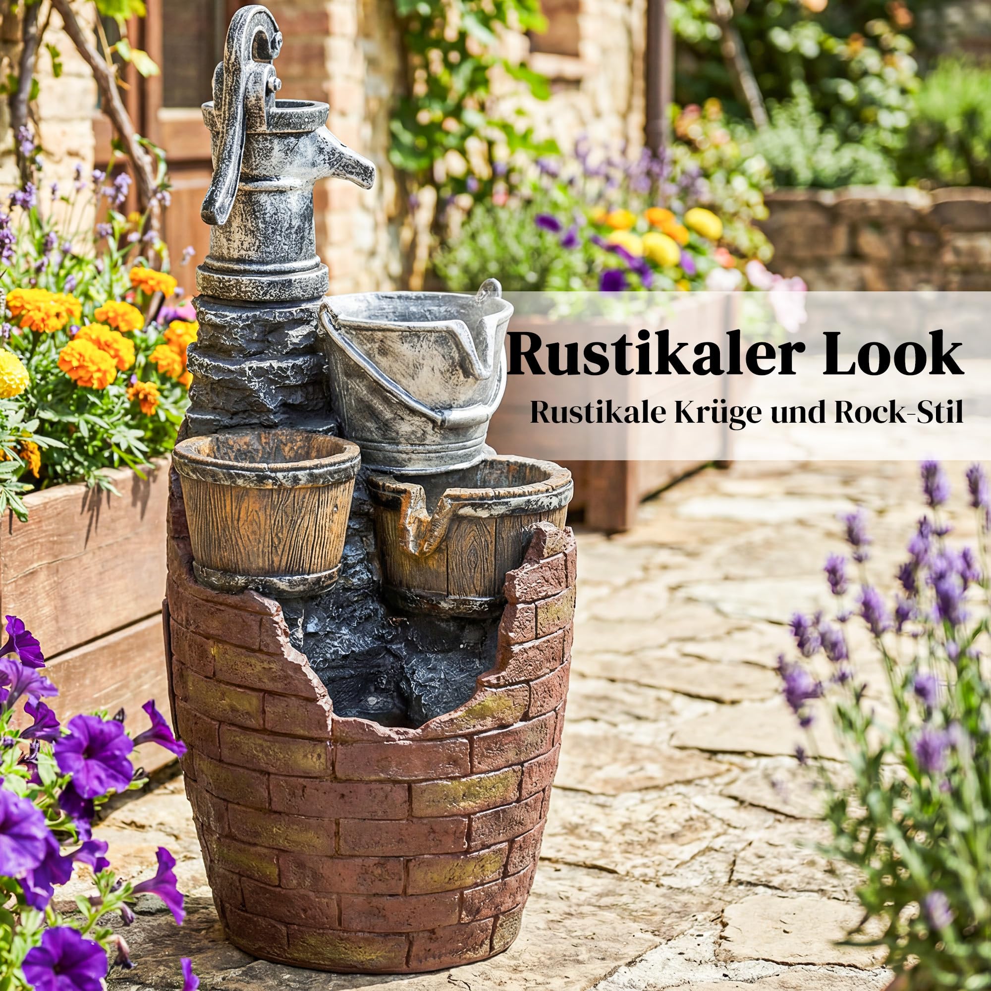 Outsunny Springbrunnen 4-stufig rustikal Gartenbrunnen mit LED Beleuchtung Pflanzkübel Pumpe, Verstellbar Zimmerbrunnen Terrassenbrunnen Wasserspiel Zierbrunnen für Garten Rasen 34 x 31 x 76 cm