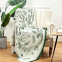 LALIFIT Boho Chic Cotton Throw Blanket Vintage Woodland Floral Bird Tassels 50x60 Forest Green Soft Cozy Farmhouse Decor