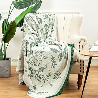 LALIFIT Boho Chic Cotton Throw Blanket Vintage Woodland Floral Bird Tassels 50x60 Forest Green Soft Cozy Farmhouse Decor