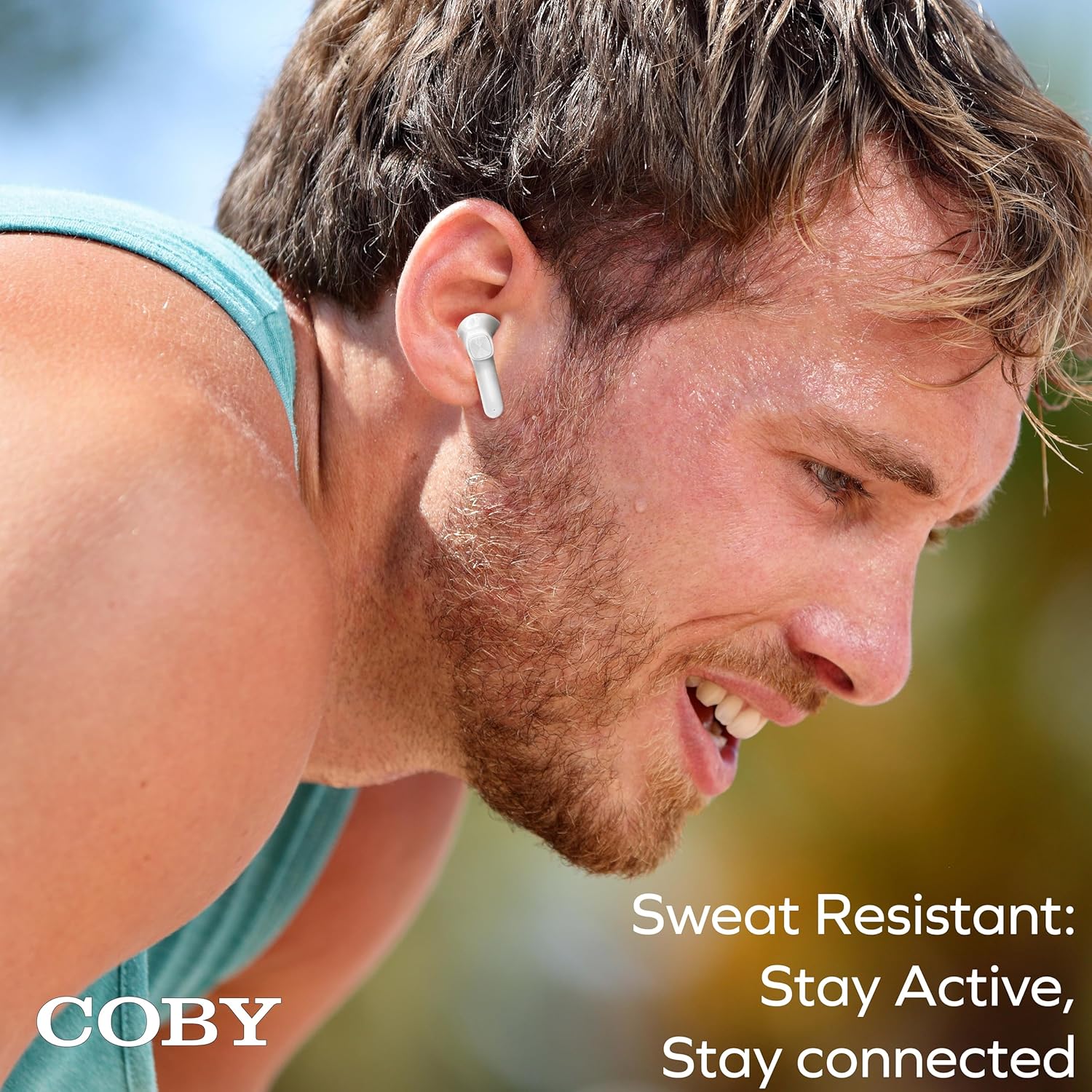 Person exercising with Coby earbuds