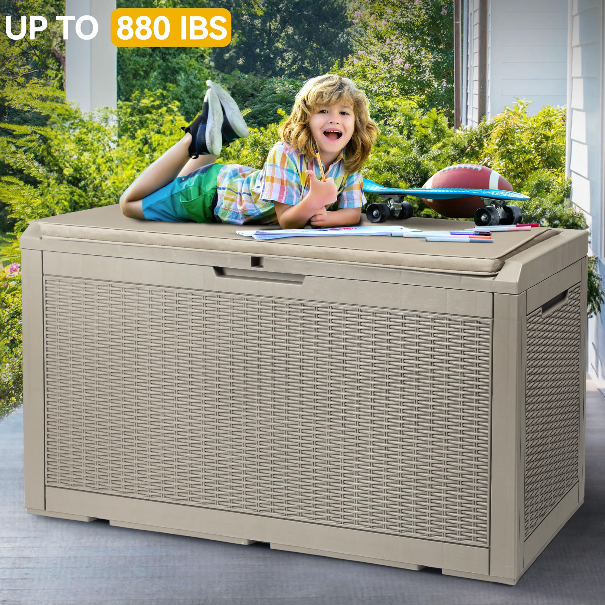 YITAHOME Scatole da giardino in resina resistenti, 380 l, impermeabili, resistenti alle intemperie, robuste, con serratura, 121 x 54 x 61 cm (marrone chiaro)
