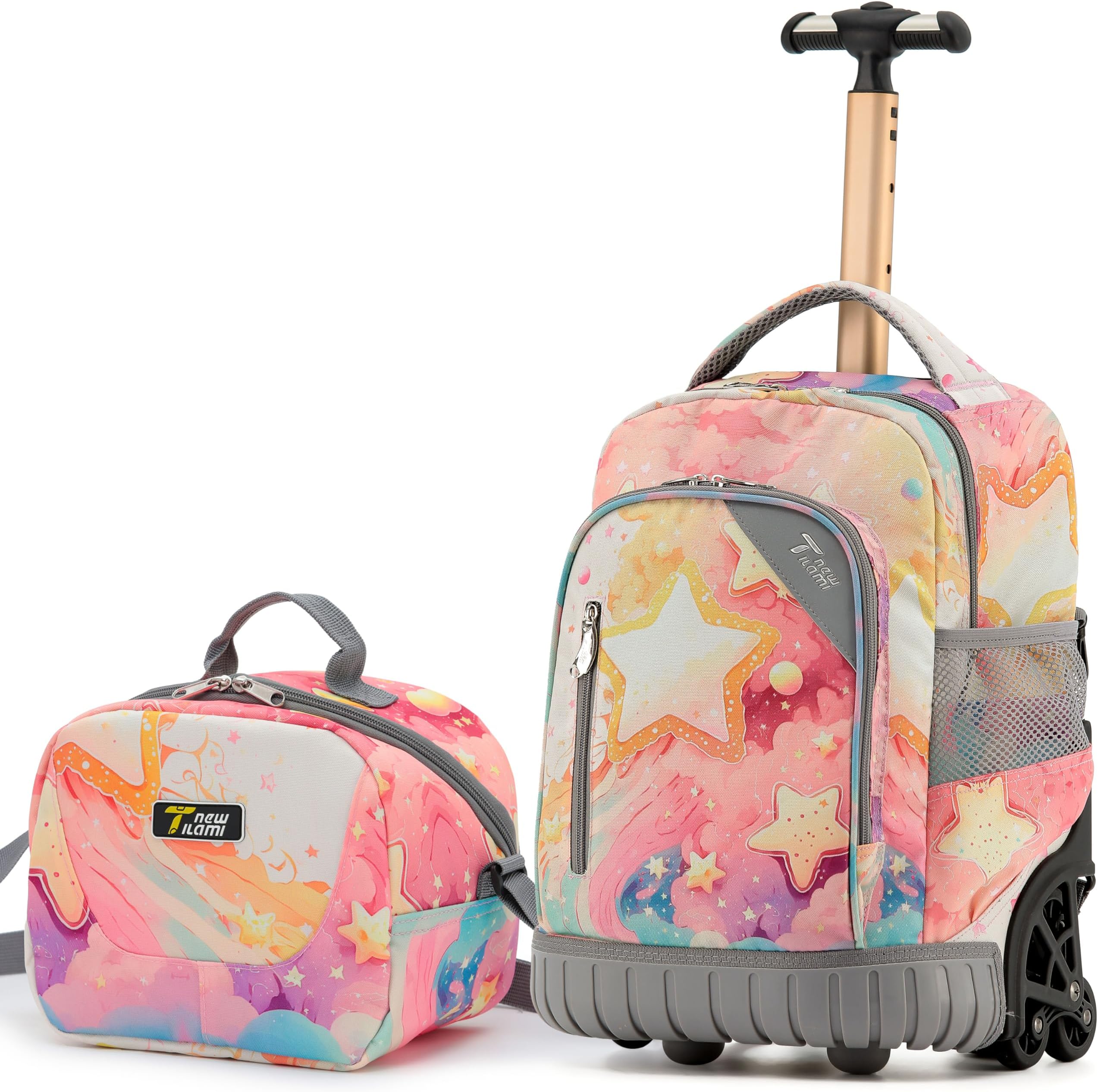 16 Inch Rolling Backpack with Lunch Bag for Kids Adjustable Handle Carry-on Suitcase Wheels for Girls Boys School Travel Camping, Starry Rainbow