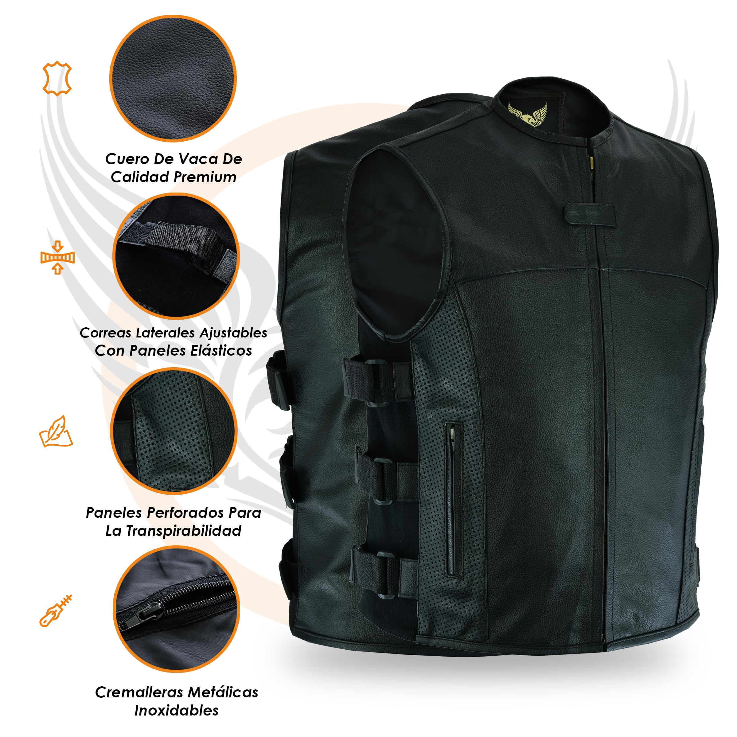 Leatherick Warrior - Chaleco táctico de piel para hombre con bolsillos para pistola y punción en solapas de bolsillo