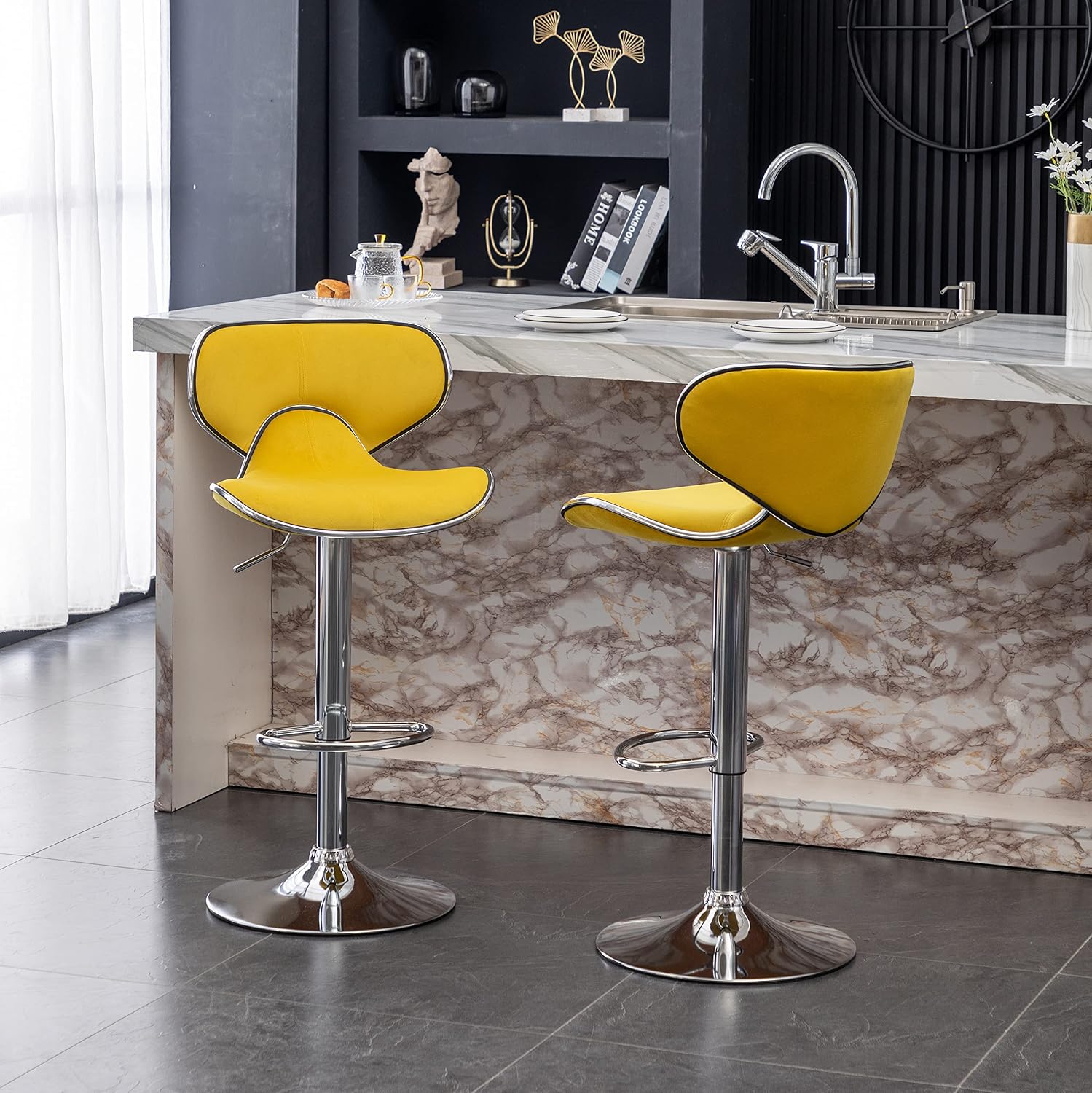 Vina Velvet Upholstered Adjustable Swivel Barstool, Set of 2, Yellow