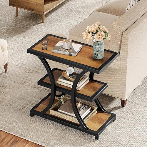 Miniatura 9 de Tribesigns Mesa auxiliar con almacenamiento, mesa auxiliar de 3 niveles con diseño geométrico de metal, mesita de noche industrial para espacios