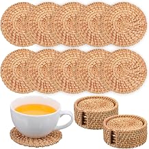 12 Pcs Natural Rattan Coasters Set with 2 Holders, Handwoven Wicker Drink Coasters for Protecting Table, Outdoor Coaster for Patio Table Boho Home Decor Housewarming Gift