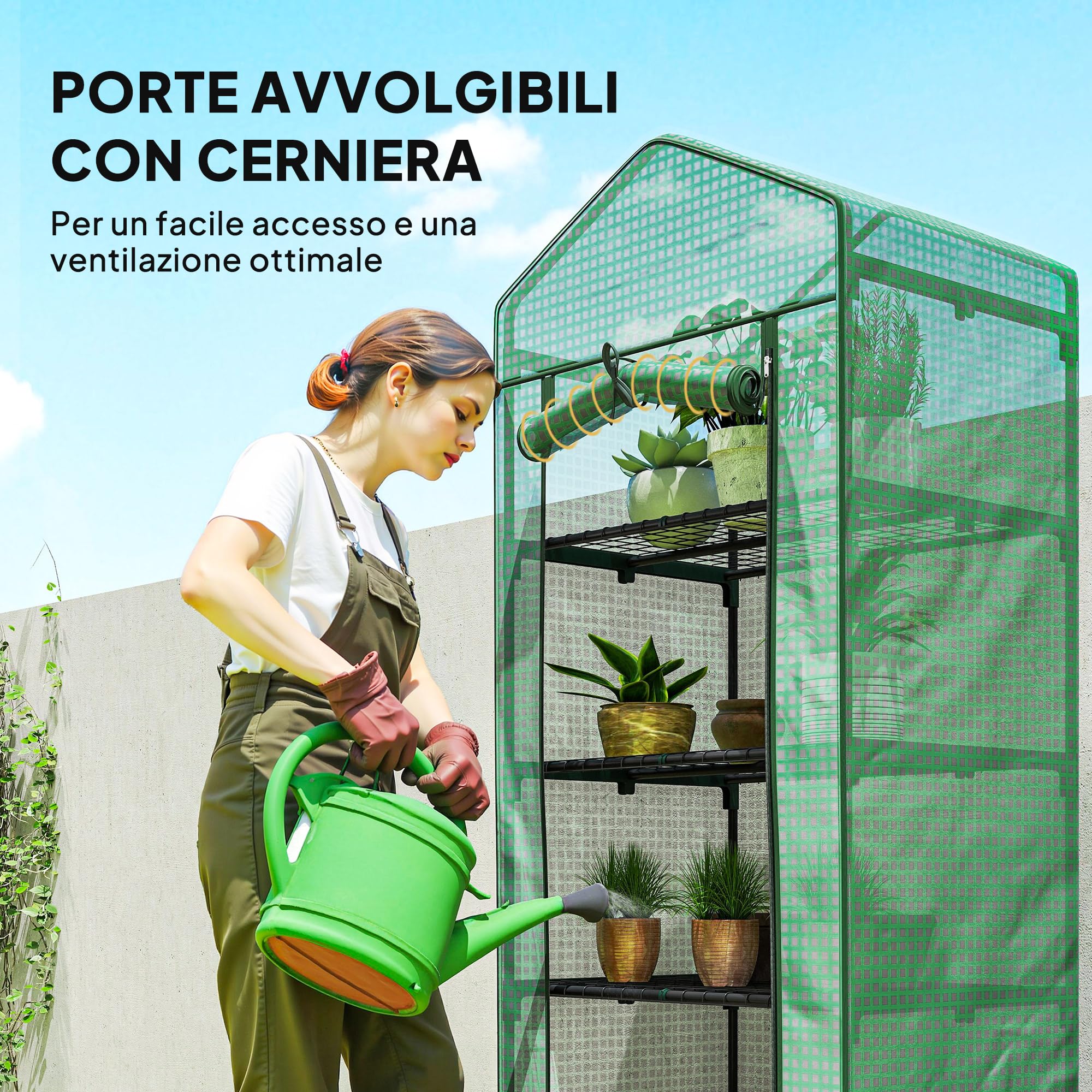 Outsunny Serra da Balcone a 5 Livelli con Porta Avvolgibile, Serra per Orto con Struttura in Acciaio e Copertura PE, per Piante Orto Verdure Fiori Frutta, 69x49x193 cm, Verde