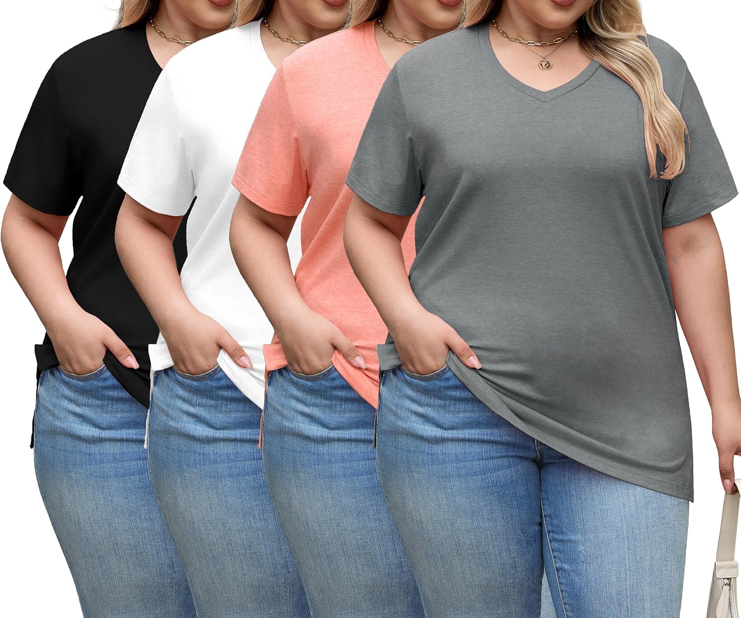 Womens 4 Pack V Neck Short Sleeve T Shirts Casual Loose Fit Tops Flowy Basic Tee Side Split Outfits Clothes - Image 3