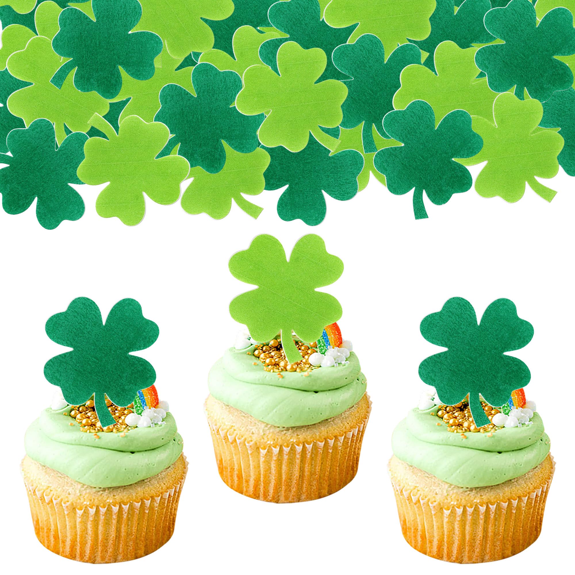 SYKYCTCY 40 Pack Edible St. Patricks Day Cupcake Toppers Wafer Paper Four Leaf Clover Shamrock Good Luck Cupcake Picks Saint Patricks Day Cake Decorations Party Supplies