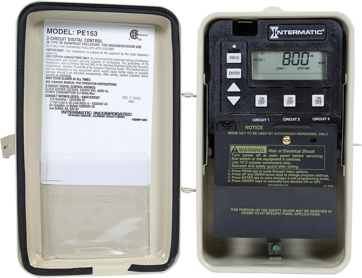 Intermatic PE153 control panel with safety warning