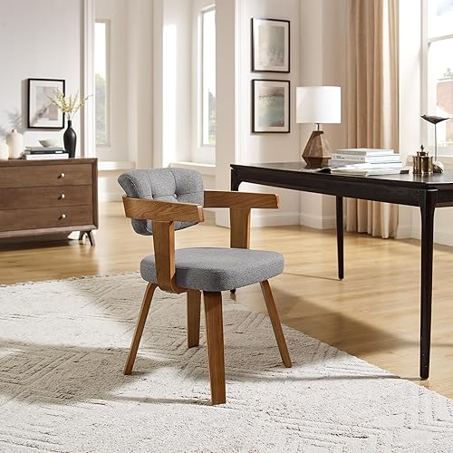 Miniatura 5 de Art Leon Silla de oficina sin ruedas, moderna de mediados de siglo, silla de escritorio tapizada de tela sin ruedas, silla con brazo decorativo con