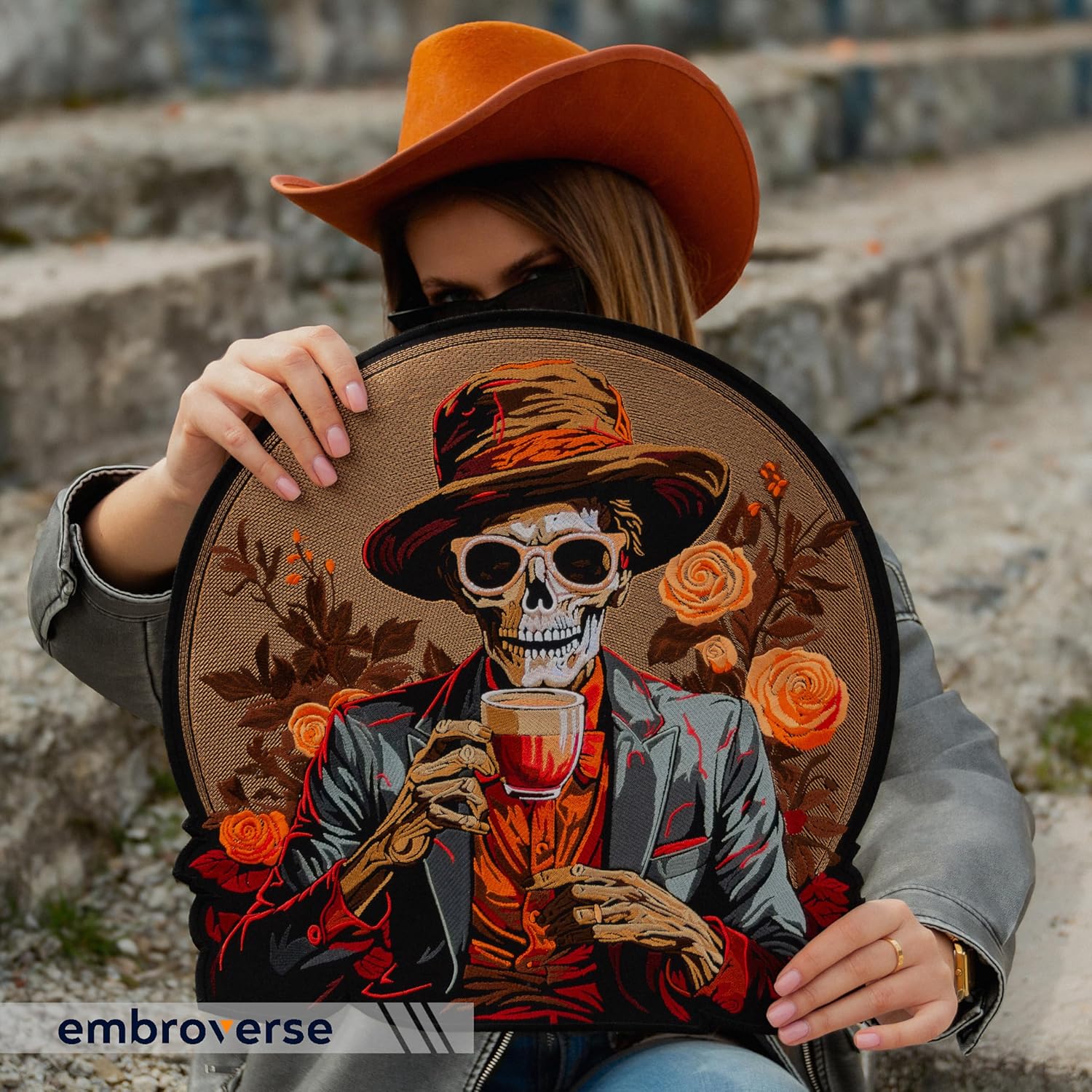 EMBROVERSE Sophisticated Skeleton Embroidered Large Patch - Dapper Skull with Coffee Iron-On Jacket Back Accessory - Macabre Gothic Fashion Elegance, 13.4 x 13.4 inches