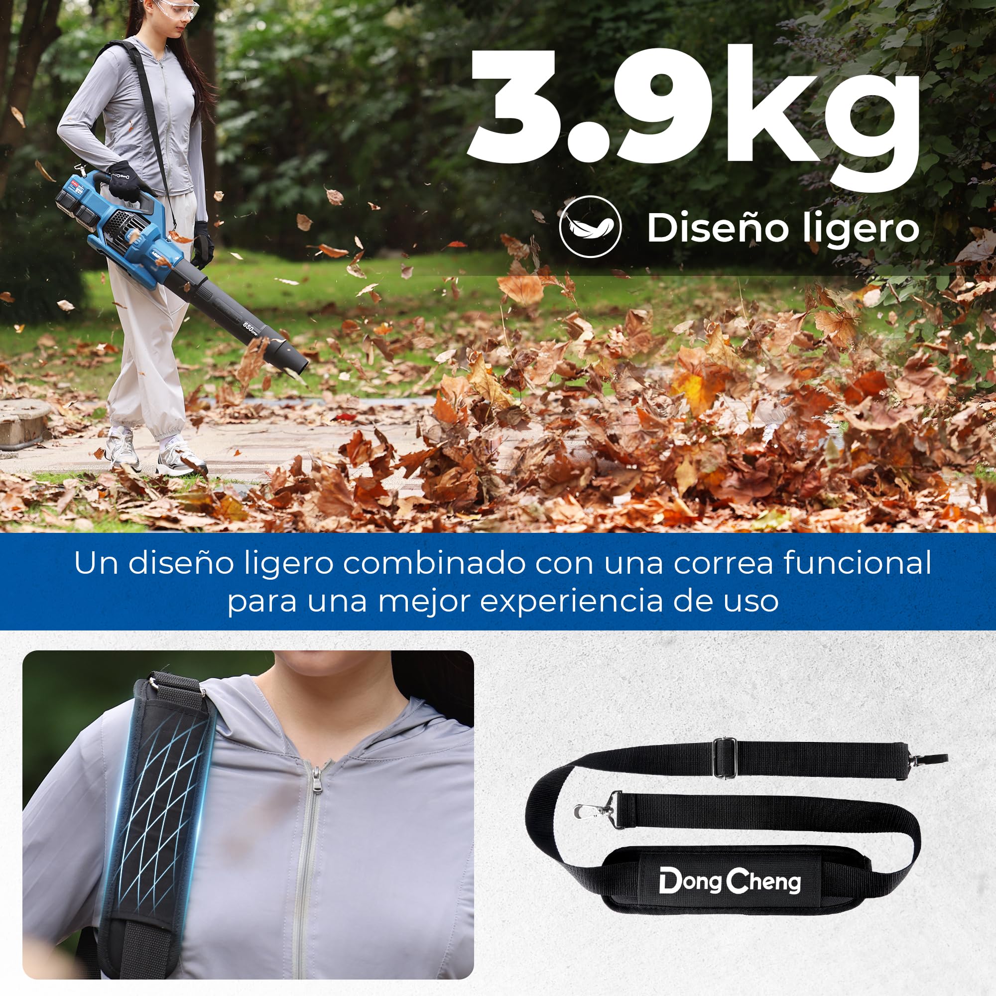 Dong Cheng Soplador de Hojas a Batería 2x20V, Caudal 1105 m³/h, Velocidad del Aire de hasta 225 km/h, 2 Baterías 4,0Ah, 6 Velocidades, Modo Turbo, 3 Boquillas, para Jardín, Calles, Nieve y Obra