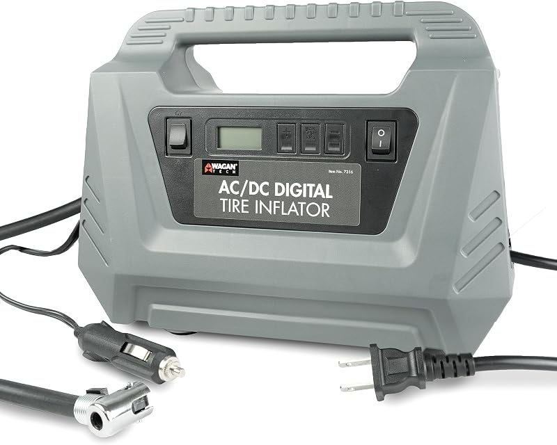 Wagan EL7316 Pantalla digital Dual AC DC 120V 12V Compresor de aire Inflador de neumáticos Compresor de aire portátil para bomba de neumáticos de automóvil 150PSI con adaptadores de boquilla para neumáticos de bicicletas y colchones de aire | Inflador de neumáticos, compresor de aire portátil para bomba de neumáticos de auto, 150 PSI, adaptadores de boquilla para neumáticos de bicicleta y colchones de aire