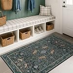 Hazo Haus Vintage Short Pile Area Rug Floral Pattern for Living Room Bedroom Dining Room Office Non Slip Stain Resistant Dark Green
