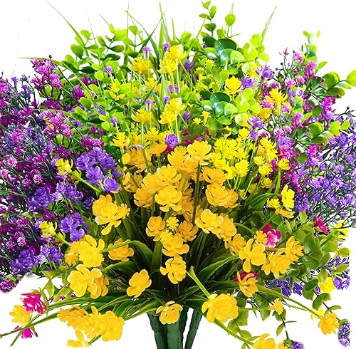 12 paquetes de flores artificiales para exteriores, resistentes a los rayos UV, no se decoloran, arbustos de plástico sintético, plantas verdes para