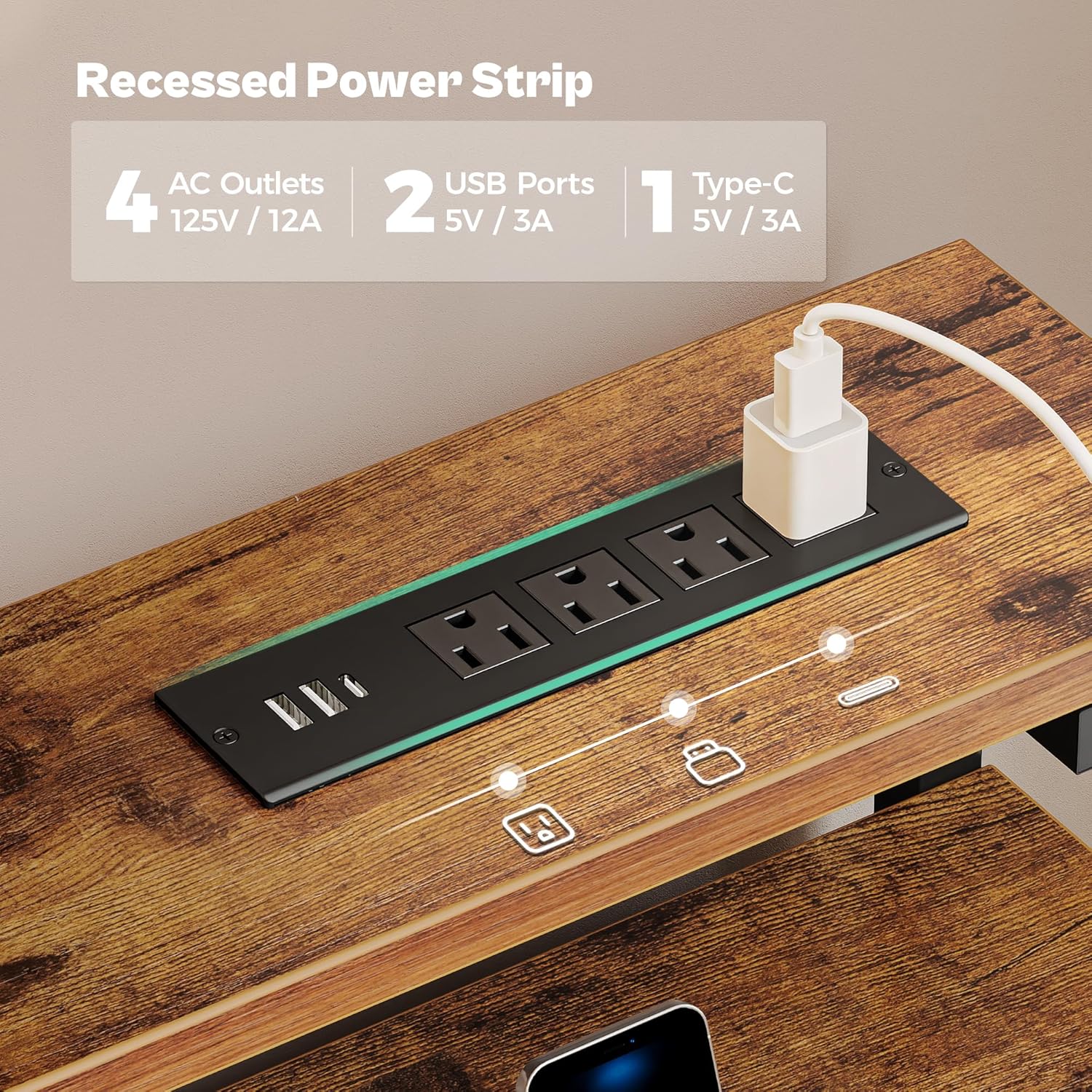 Huuger Gaming Desk with 6 Drawers, Computer Desk with LED Lights Power Outlets and Type-C, 55 Inch Office Desk with Storage, Monitor Stand, Writing Desk Work Desk for Home Office, Study, Rustic Brown - Image 5