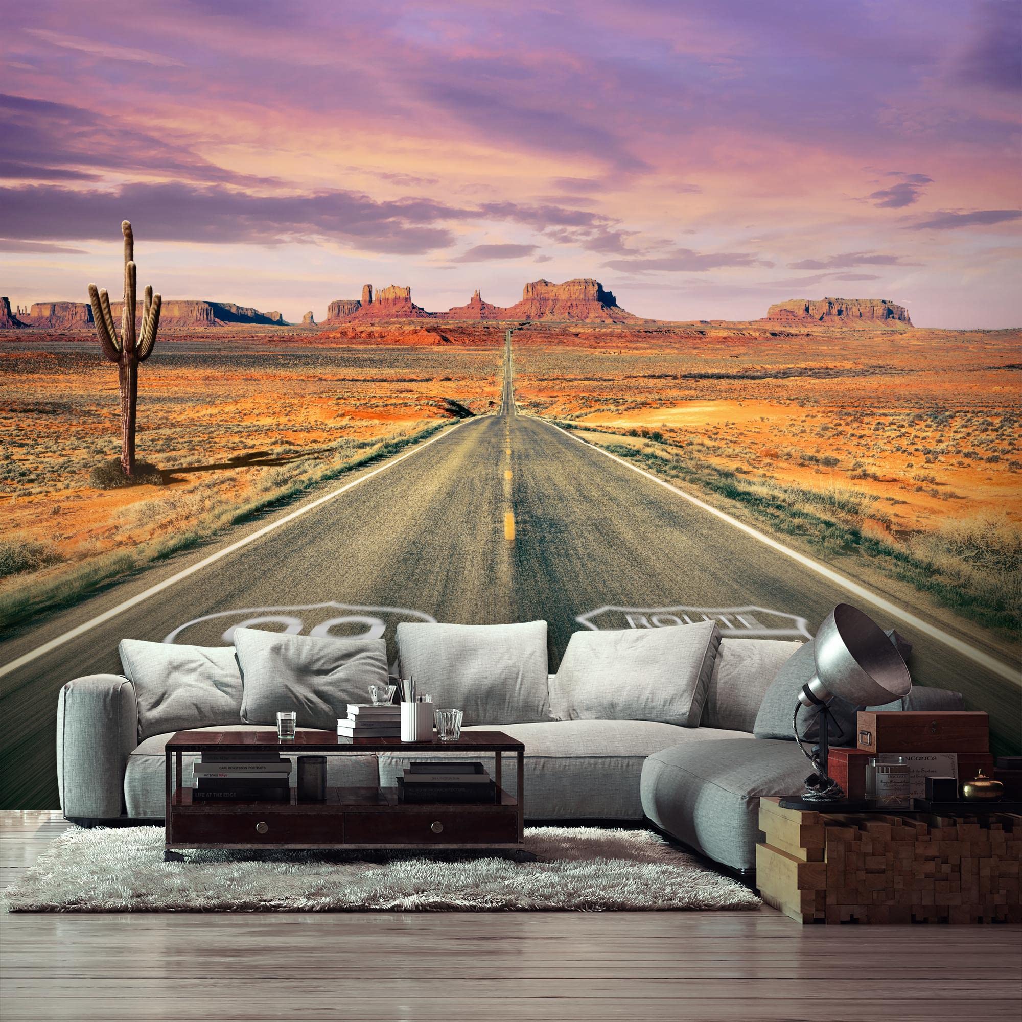 Runa Art Fototapete Route 66 352 x 250 cm Vlies Tapeten XXL Moderne Wandtapete Wohnzimmer Schlafzimmer Violett Braun Grau 9046011a