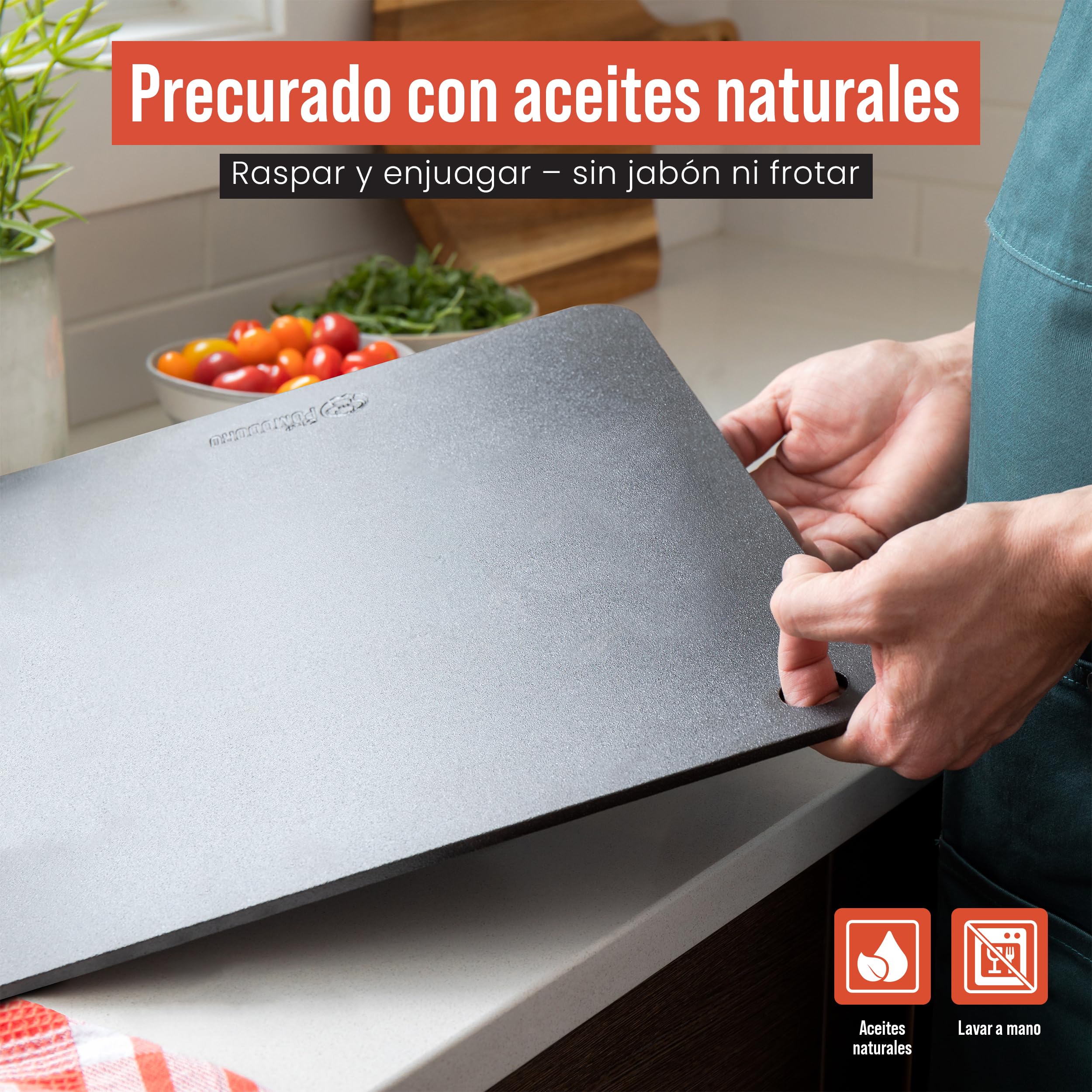 Chef Pomodoro Piedra Pizza Horno 40,6 x 40,6 cm (6,35 mm), Placa Acero Horno Pizza, Placa Acero Pizza, Plancha, Pedra Para pan y pizza, Tabla de Piedra en acero con orificios para levantar