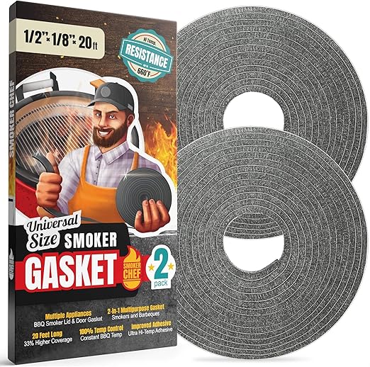 XXL 20 FT Smoker Gasket Seal - Grey 1/2’’ x 1/8’’ Hi-Temp Grill Gasket – 2-Pack x 10 FT Self Stick Grey Nomex Fire Smoker Seal - Tape for BBQ Lid - Smoker Accessories