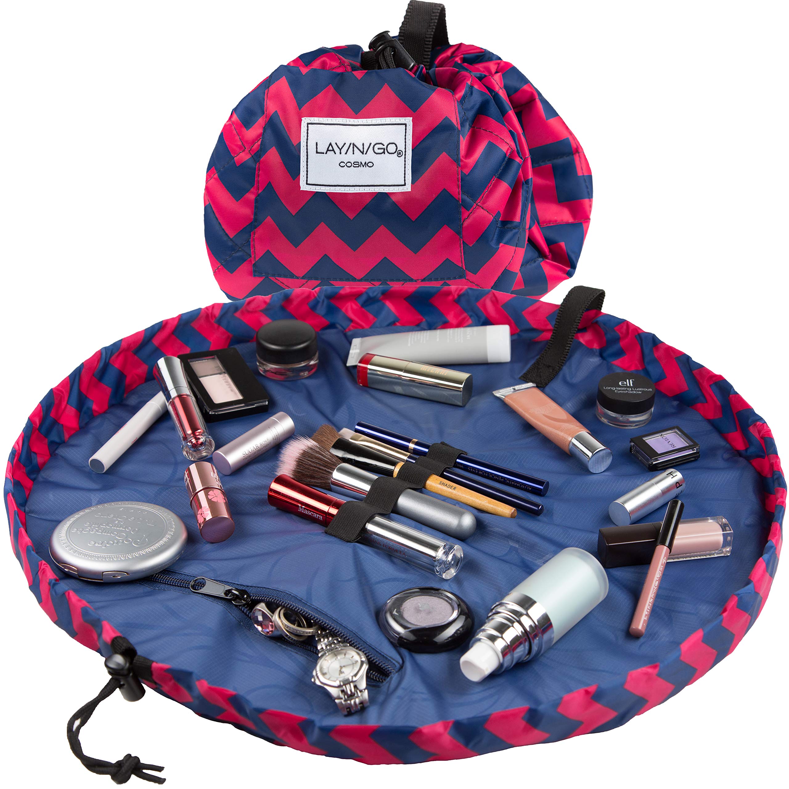 Lay-n-GoCosmo Drawstring Makeup Bag Organizer, Water-Resistant Cosmetic Pouch for Travel, Stylish & Durable Toiletry Bag, Machine Washable, Large Capacity, 20-Inch, Pink Cheveron