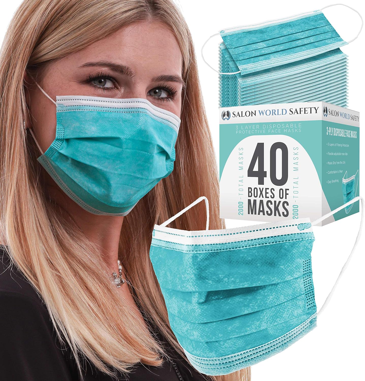 Buy 1 get 1 TCP Global Salon World Safety - Aqua Face Masks 40 Boxes (2000 Masks) Breathable Disposable 3-Ply Protective PPE with Nose Clip and Ear Loops