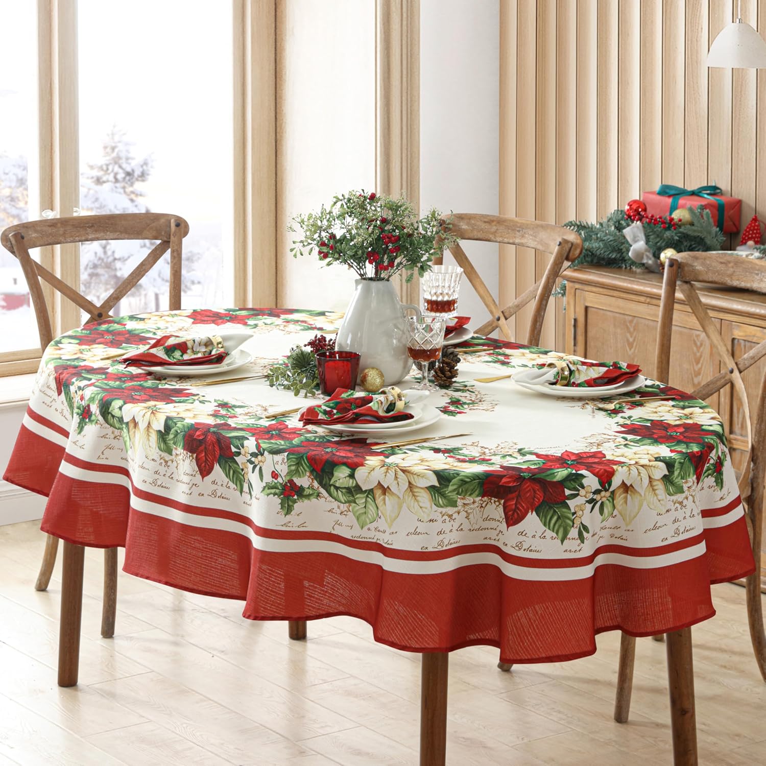 Newbridge Christmas Presley Red and White Poinsettia Double Bordered 60 x 84 inch Oval Fabric Tablecloth, Holiday Cottage Floral Border Print Table Cover for Dining Party