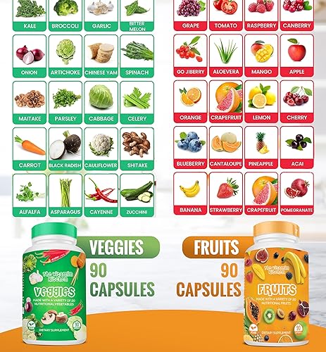 Miniatura 3 de Suplemento de frutas y verduras, fabricado en Estados Unidos, 90 cápsulas de superalimentos de frutas y 90 verduras, sin soja y vegano, suplementos