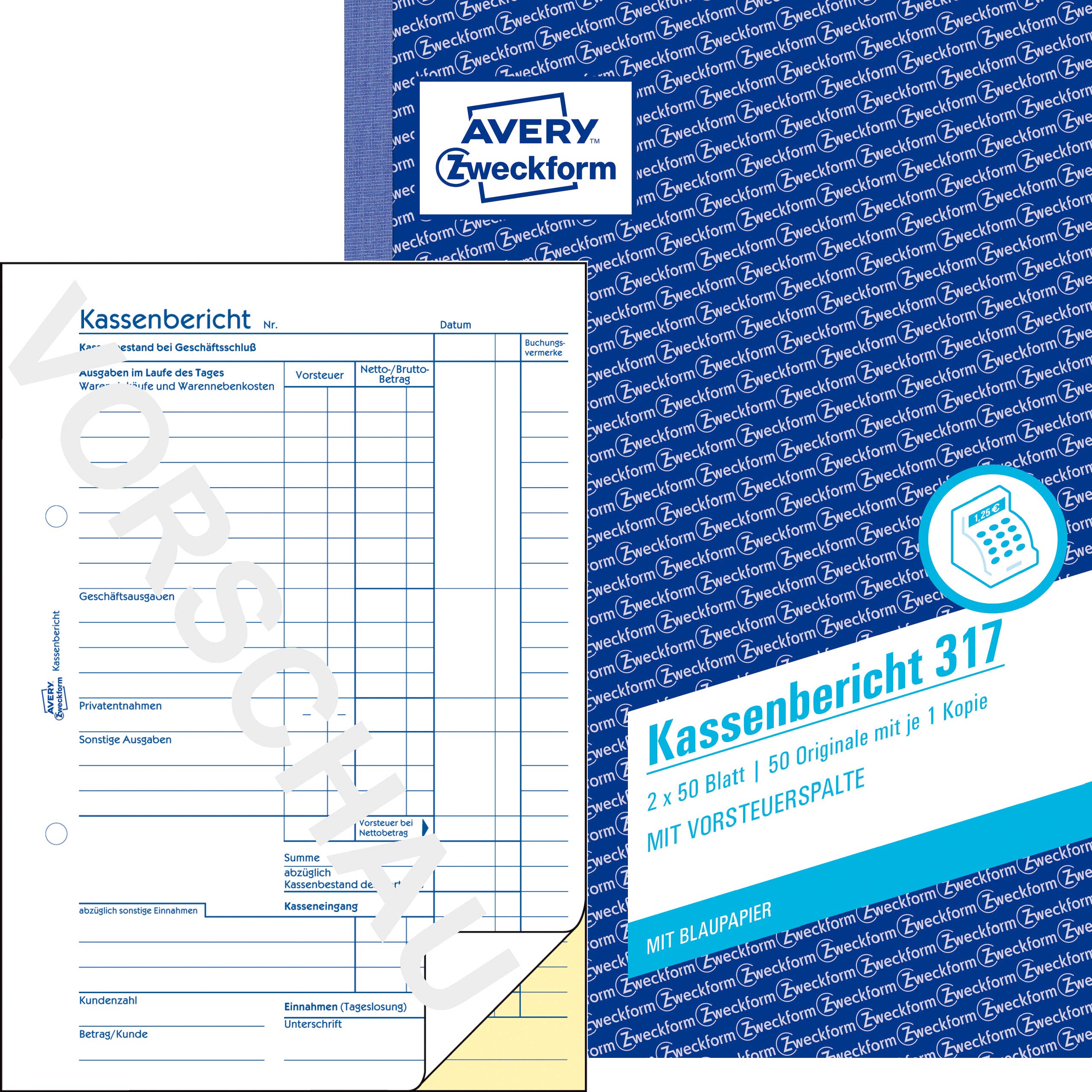 AVERY Zweckform 317 Kassenbericht (A5, mit 1 Blatt Blaupapier, 2x50 Blatt) (weiß,gelb, 9)