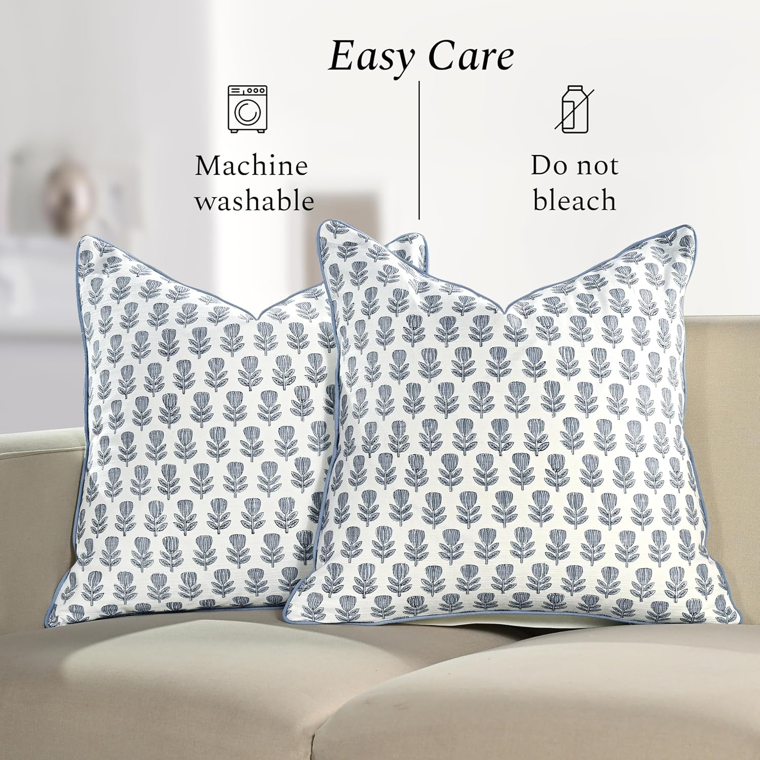 CPC Morning Bloom Blue Block Print Throw Cushion Cover 18 x 18 Inch Set 2 - Decorative Boho Floral Pillow Case For Living Room, Bed, Sofa, Couch, Home Decor Cushion Cover Gift For Spring, Mother's Day