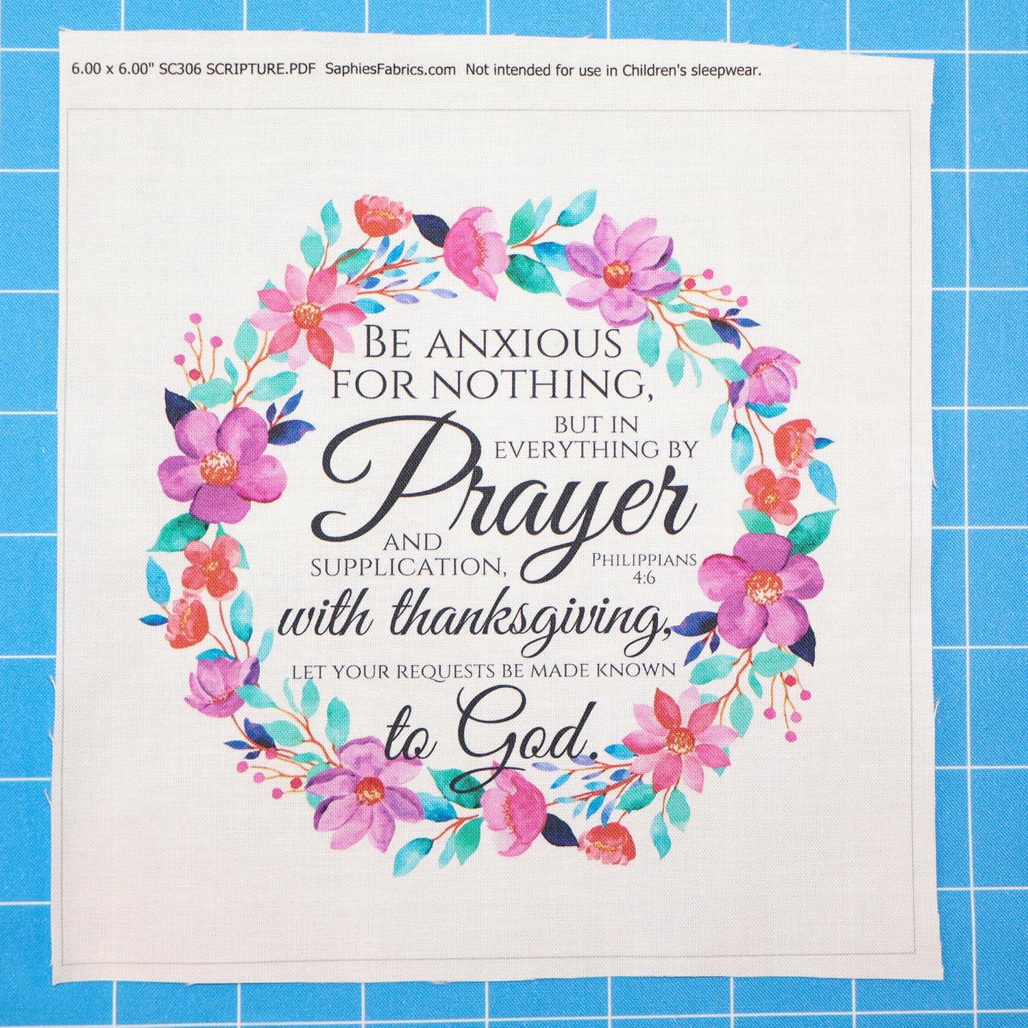 Fabric Panel 14"x14" Philippians 4:6 Scripture 100% Cotton Quilt Square Panel SC306
