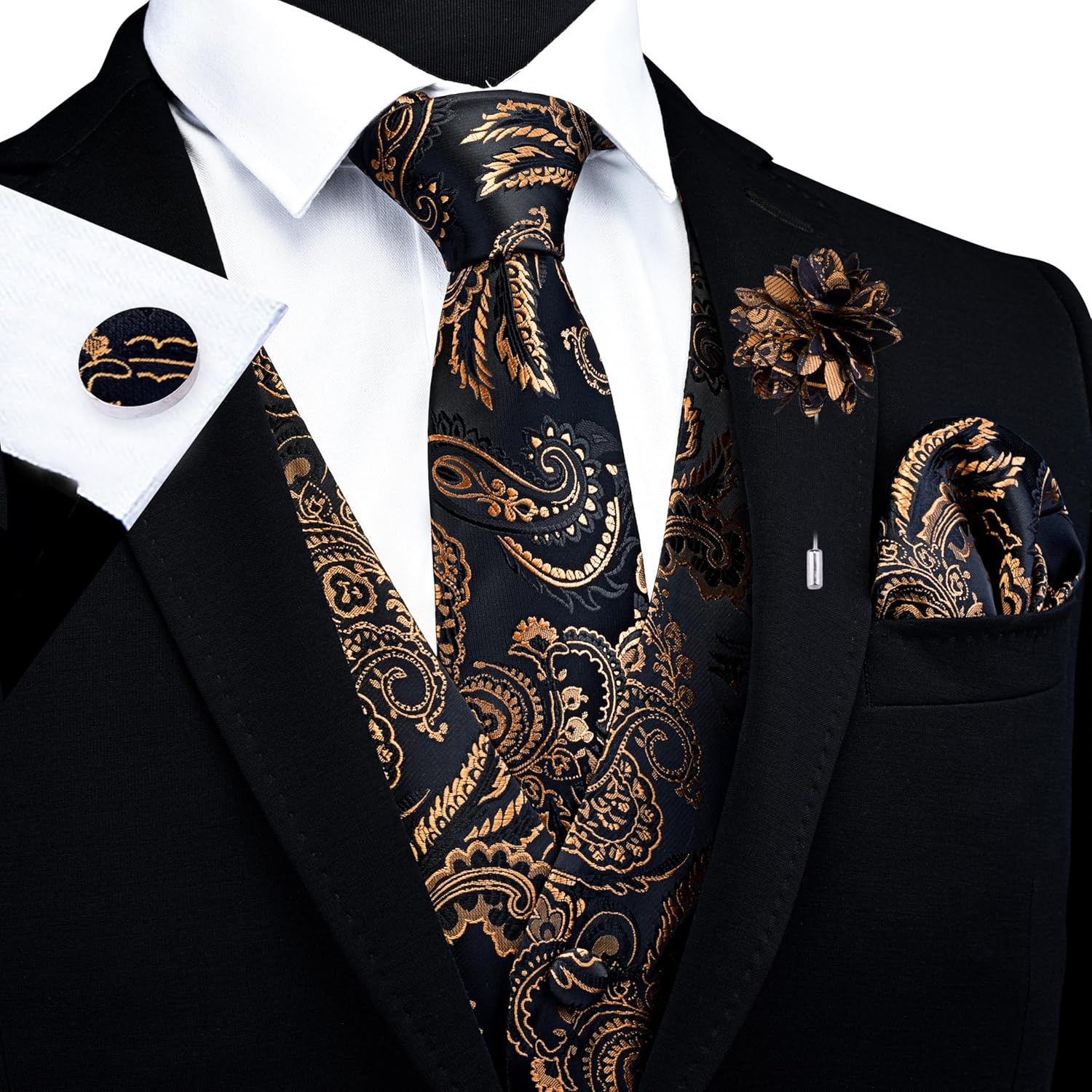GUSLESON Formal Men Vest Paisley Floral Jacquard Tie Waistcoat Bow tie Hanky Lapel Pin Cufflinks Set Wedding 7PCS - Image 2