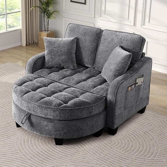 Chaise Lounge Chair with Storage Ottoman, Modern Comfy Chenille Tufted Upholstered Deep Seat Adjustable Backrest Lounge Sofa Chair with 2 Pillows & Side Pockets for Living Room Bedroom Office, Grey