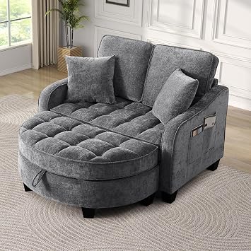 Chaise Lounge Chair with Storage Ottoman, Modern Comfy Chenille Tufted Upholstered Deep Seat Adjustable Backrest Lounge Sofa Chair with 2 Pillows & Side Pockets for Living Room Bedroom Office, Grey