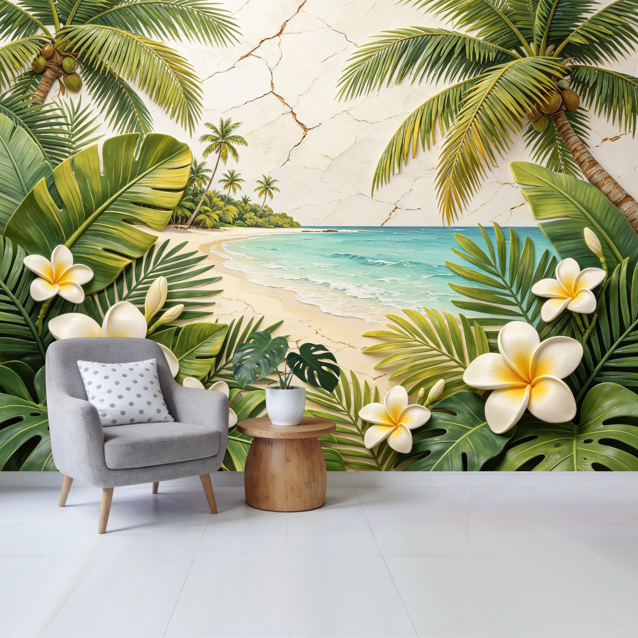Qzlithotic Yq2605251089 Custom Size Wall Mural Tropical Beach Coastal Landscape Plumeria Flower 3D Textured Selfadhesive Wall Fabric Removable Wallpaper For Home Office Decor