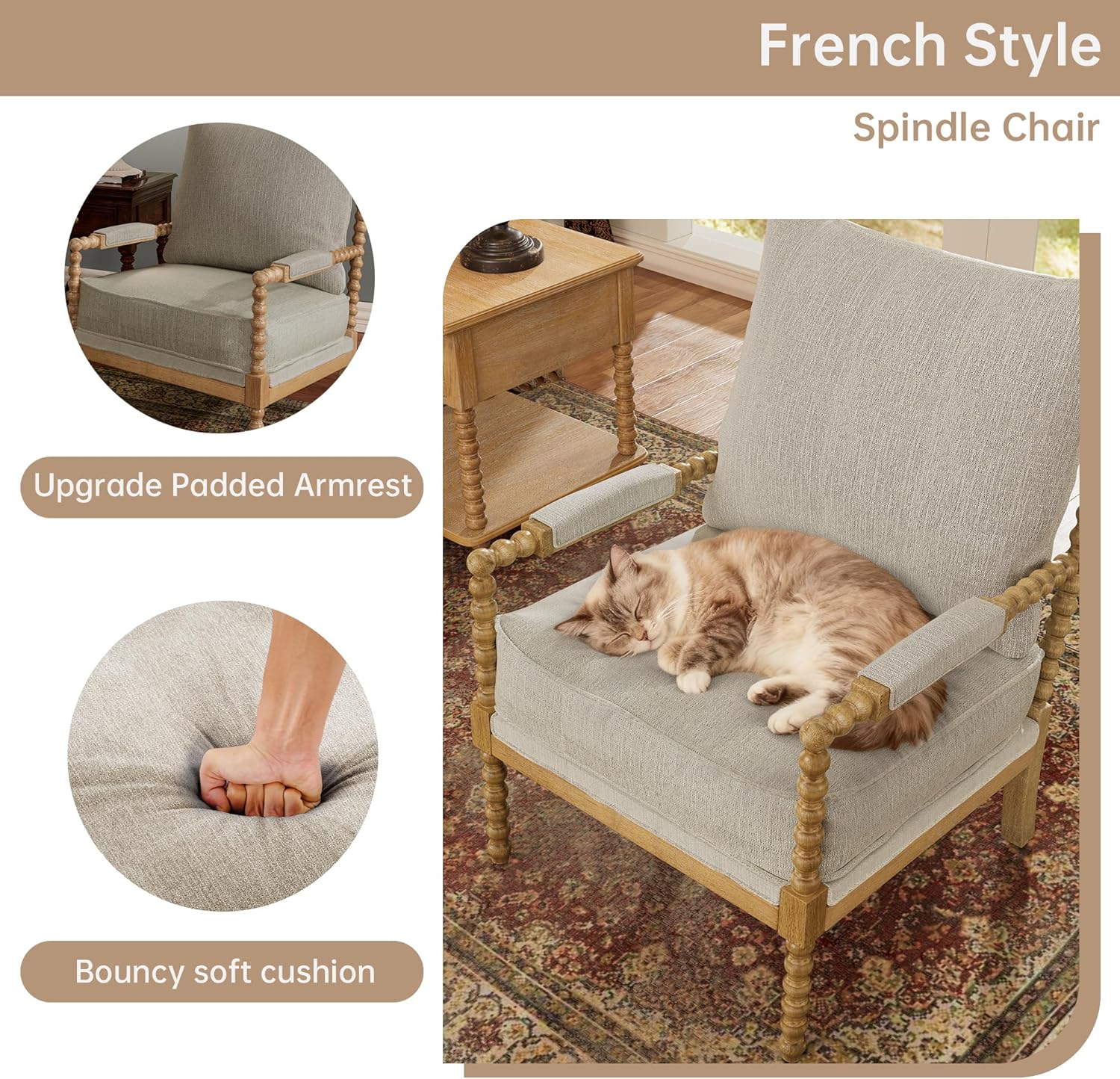 Morden Fort Linen Fabric Spindle Accent Chair with Wood Frame, French Style Accent Chairs with Padded Spring Seat and Armrest Pads, Brushed Base for Living Room Bedroom Farmhouse Office Balcony(Beige)