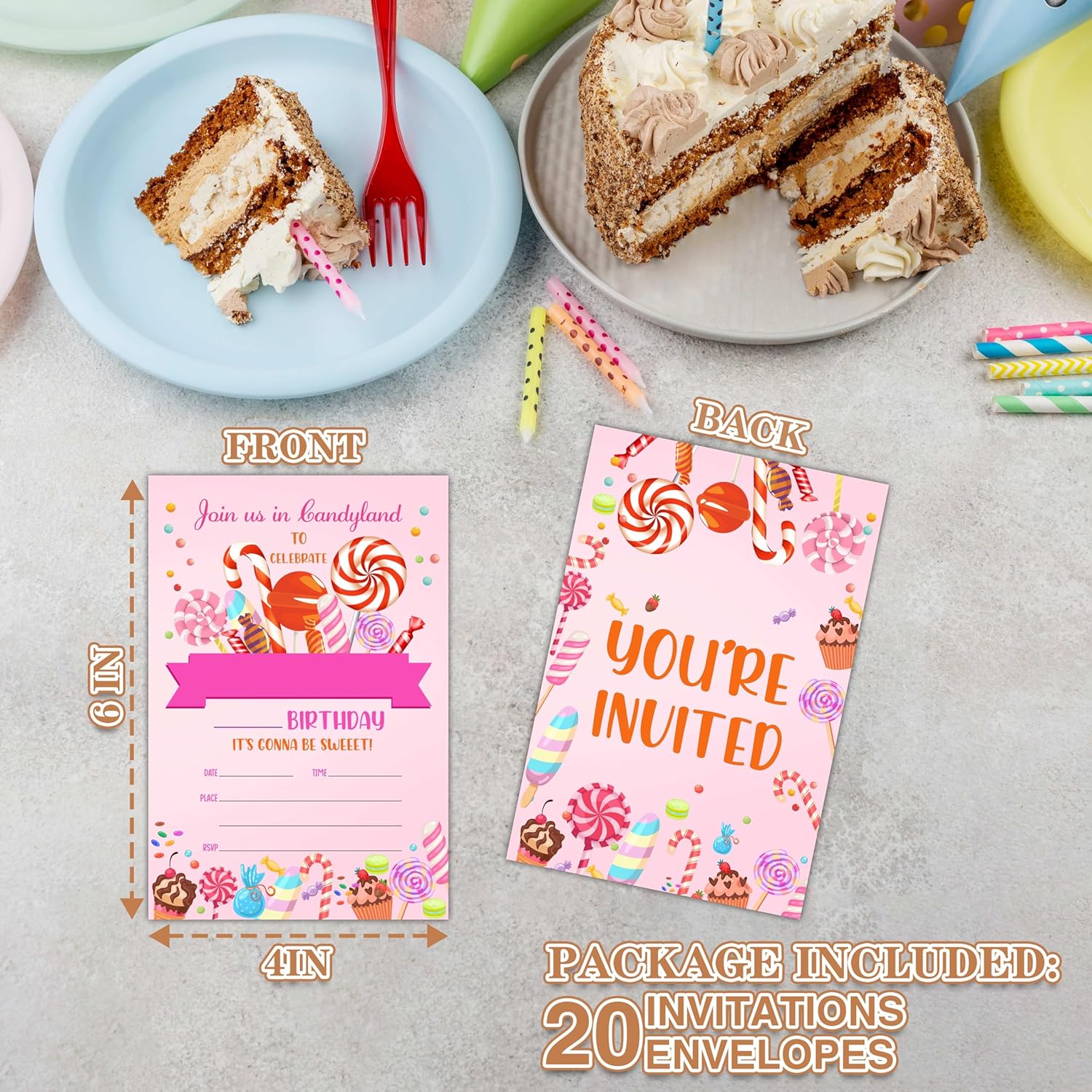 Sweet Celebration Birthday Invitations with Envelopes - 20PCS Candyland Birthday Party Invitations for Boys and Girls - Kids Birthday Party Supplies Decorations -20 - Image 2