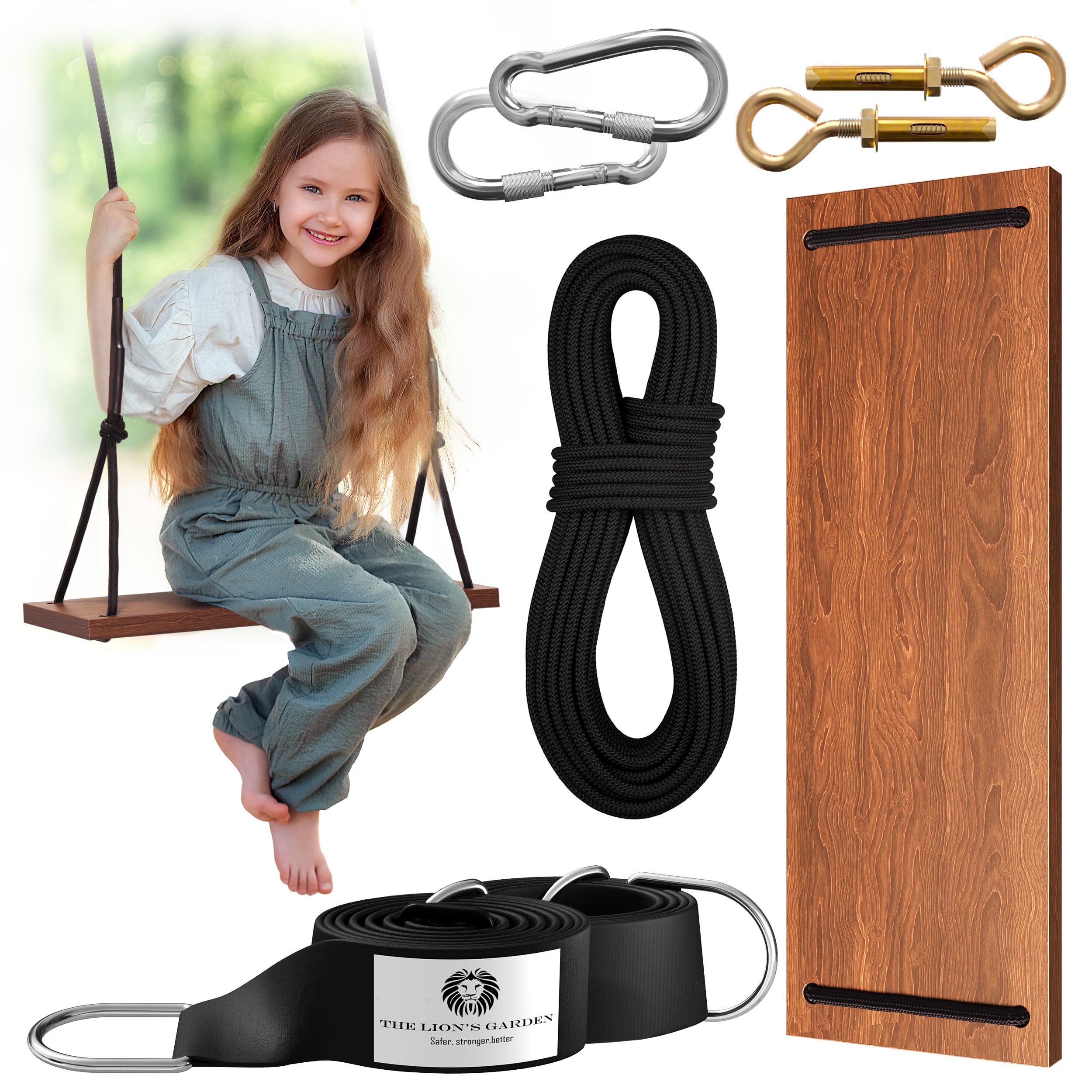 The Lion's Garden Swing with Tree Straps (32 cm Straps Carbonized Wooden Swing 17.7in)
