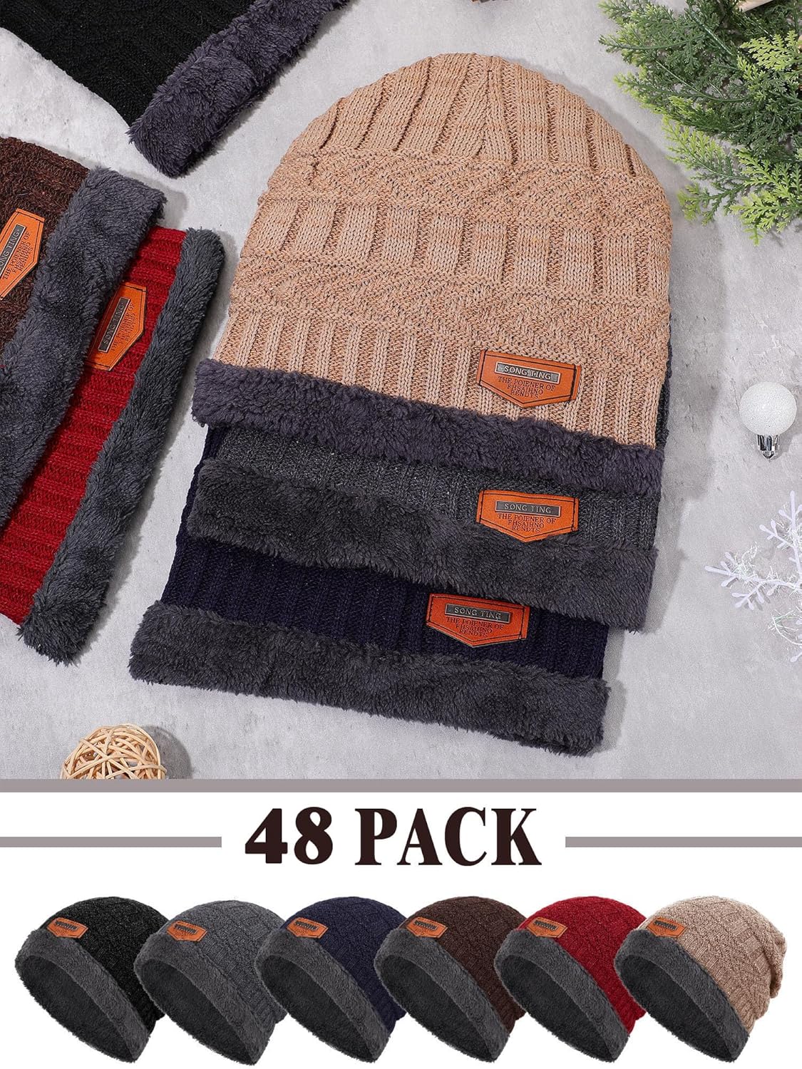 48 Pcs Winter Beanie Bulk for Homeless, Winter Knit Beanies Fleece Inner Warm Hat Thick Knit Skull Cap Beanie Hats for Homeless Donation Shelters - Image 4