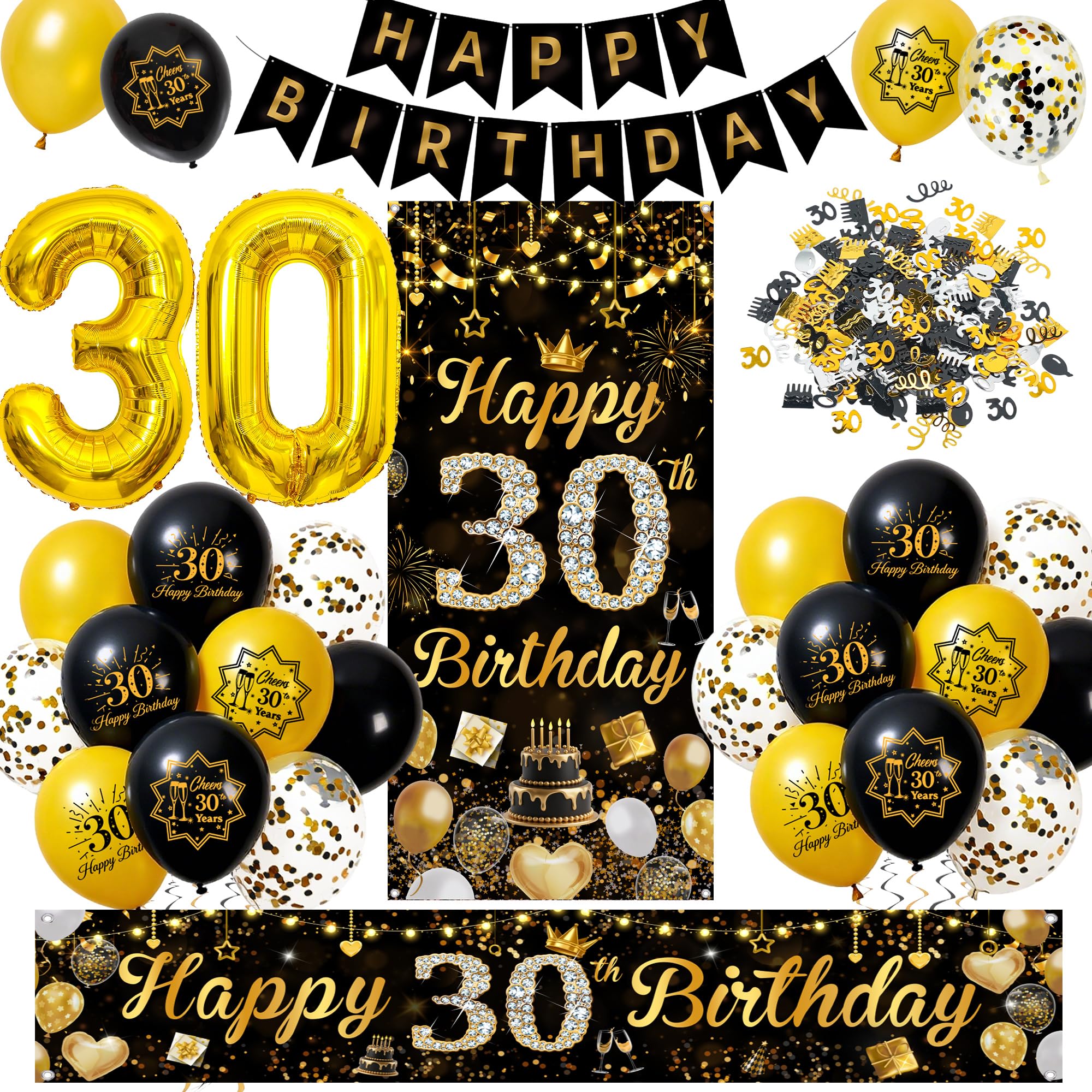 Happy 30th Birthday Decorations Set, Black Gold Party Balloons Decor Set