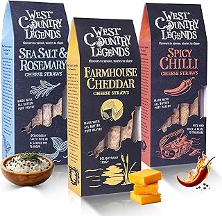 West Country Legends Cheese Straws Variety Pack 300g – Includes Cheddar Cheese, Spicy Chilli, Sea Salt & Rosemary Flavours – Oven Baked Breadsticks Made with Butter Puff Pastry – Savory Snack Pack for Parties & Gatherings – Variety Pack – 1 of Each Flavor