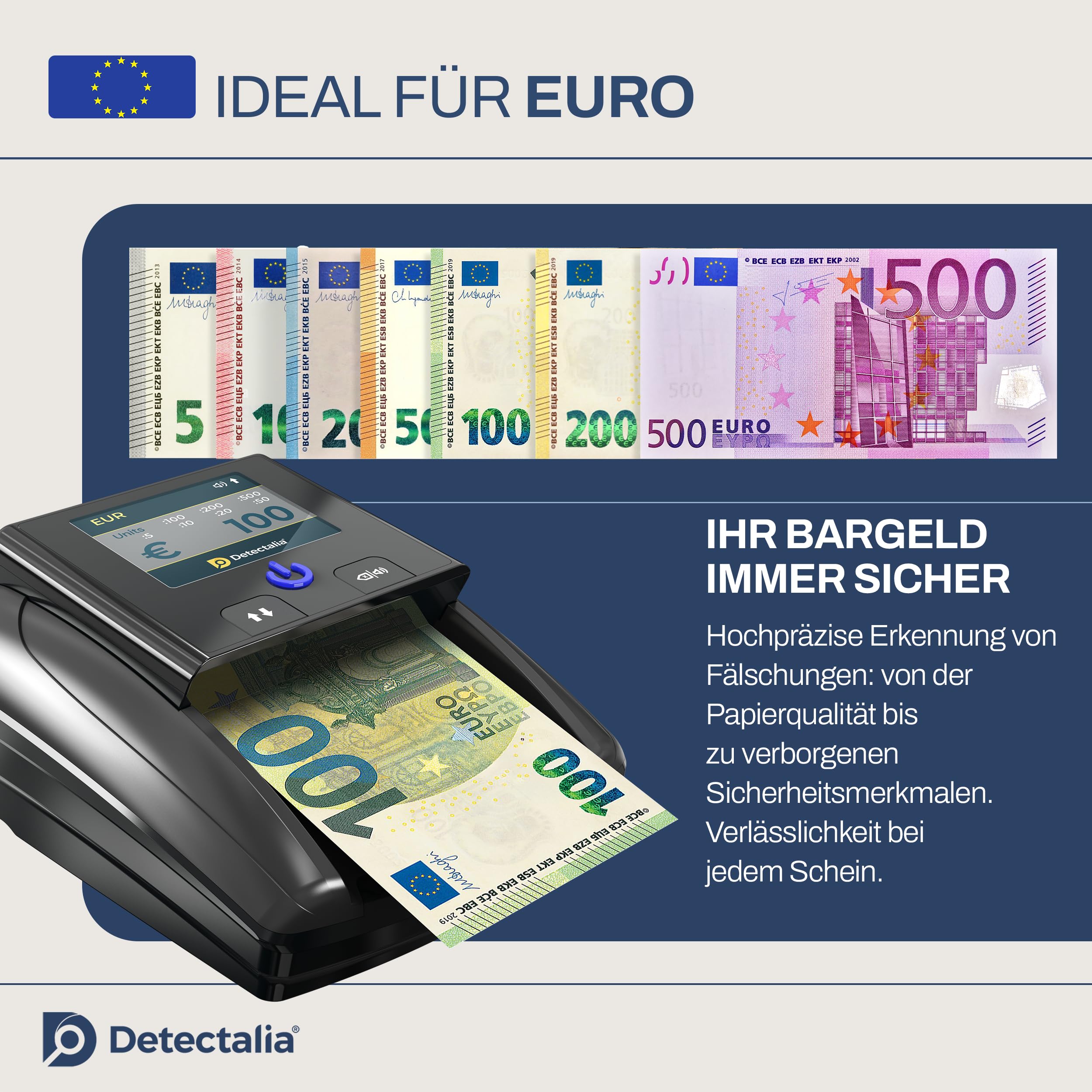 Detectalia D7T+, Falschgeldprüfer, getestet für EUR, GBP, USD, mit 5 Fälschungsprüfungen, mit Alarm, TFT-Display, EZB-Zertifiziert