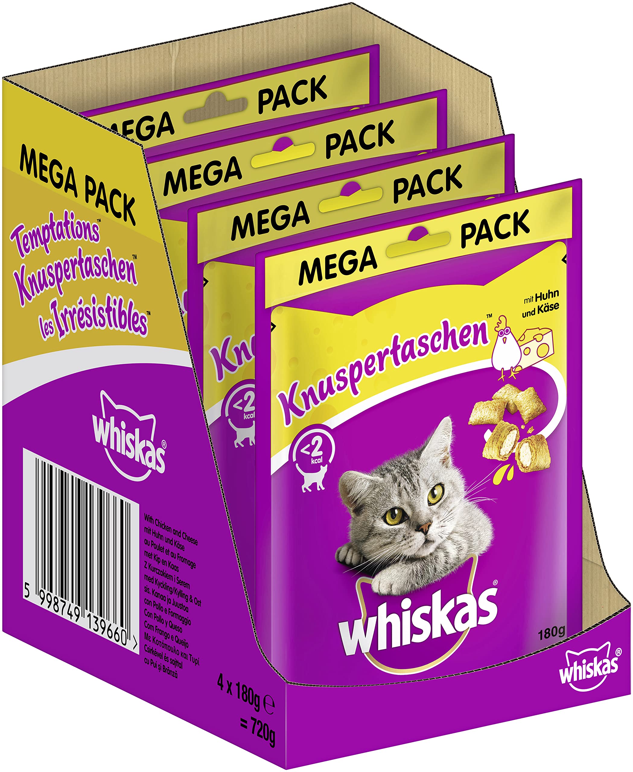 Whiskas Snack per gatti con pollo e formaggio, confezione da 4 pezzi, 4 x 180 g, per gatti adulti