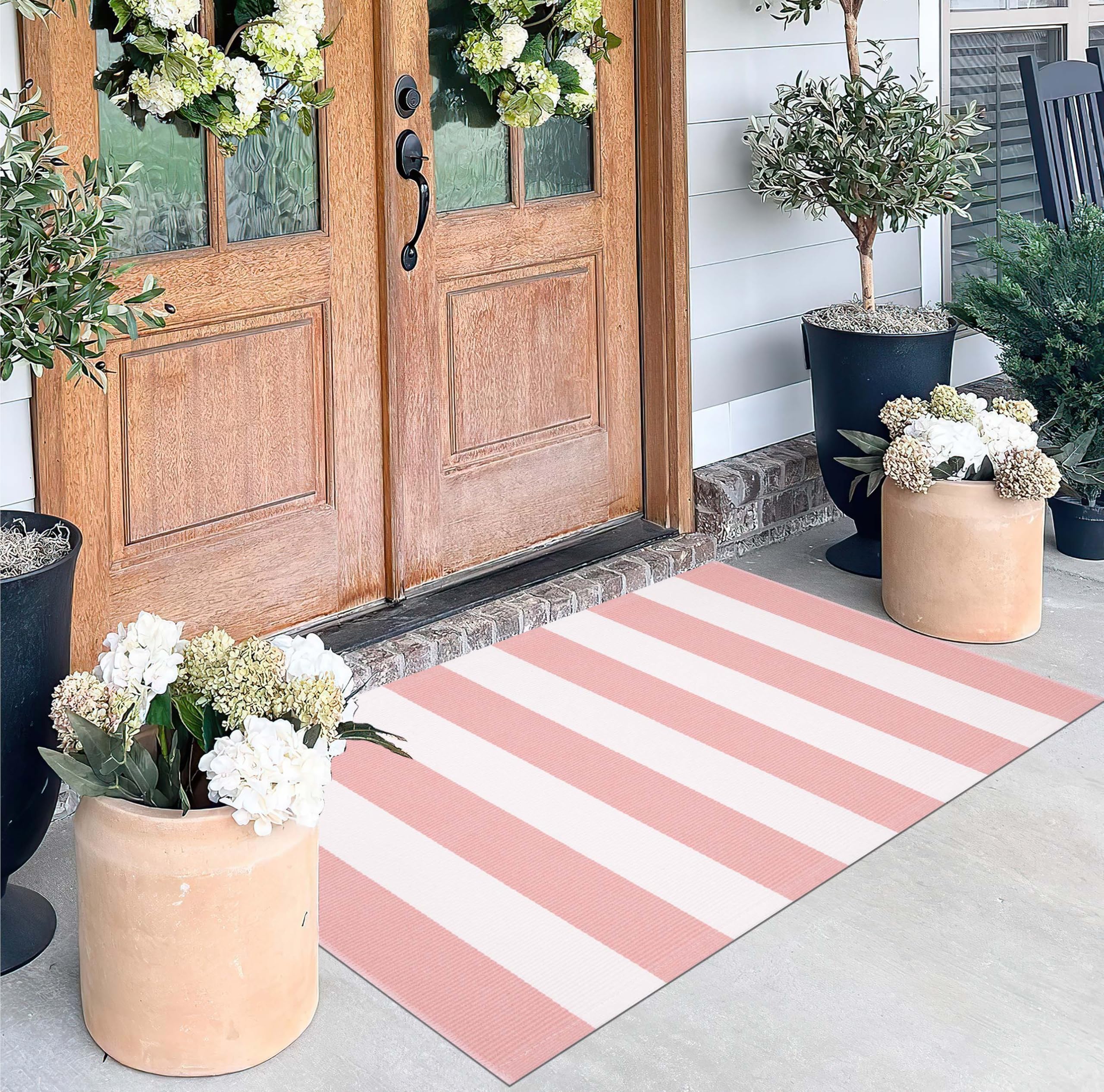 Tapis d'entrée extérieur Lavable à Rayures Roses et Blanches superposées 27