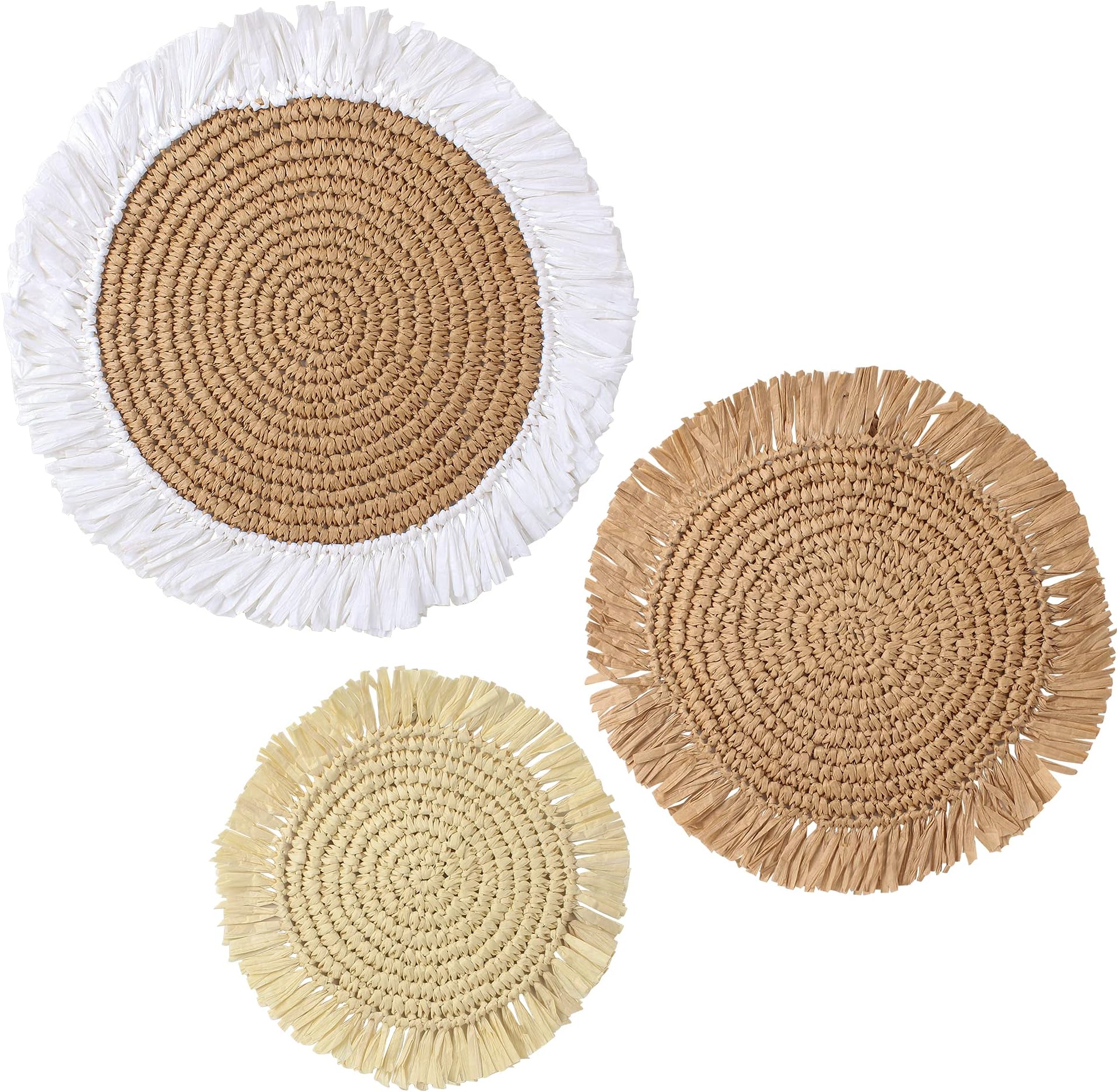 Raffia wall baskets decor boho flat set of 3 | Woven straw grass round wall hanging wall art | Decorative bohemian chic flat basket wall decor set | Yarn paper handmade baskets in Vietnam