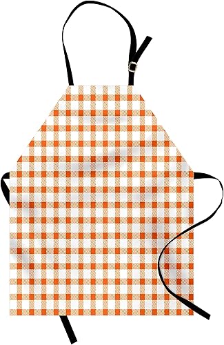 Ambesonne Delantal naranja y blanco, patrón de cuadros retro a cuadros en colores cálidos, babero de cocina unisex con cuello ajustable para cocinar