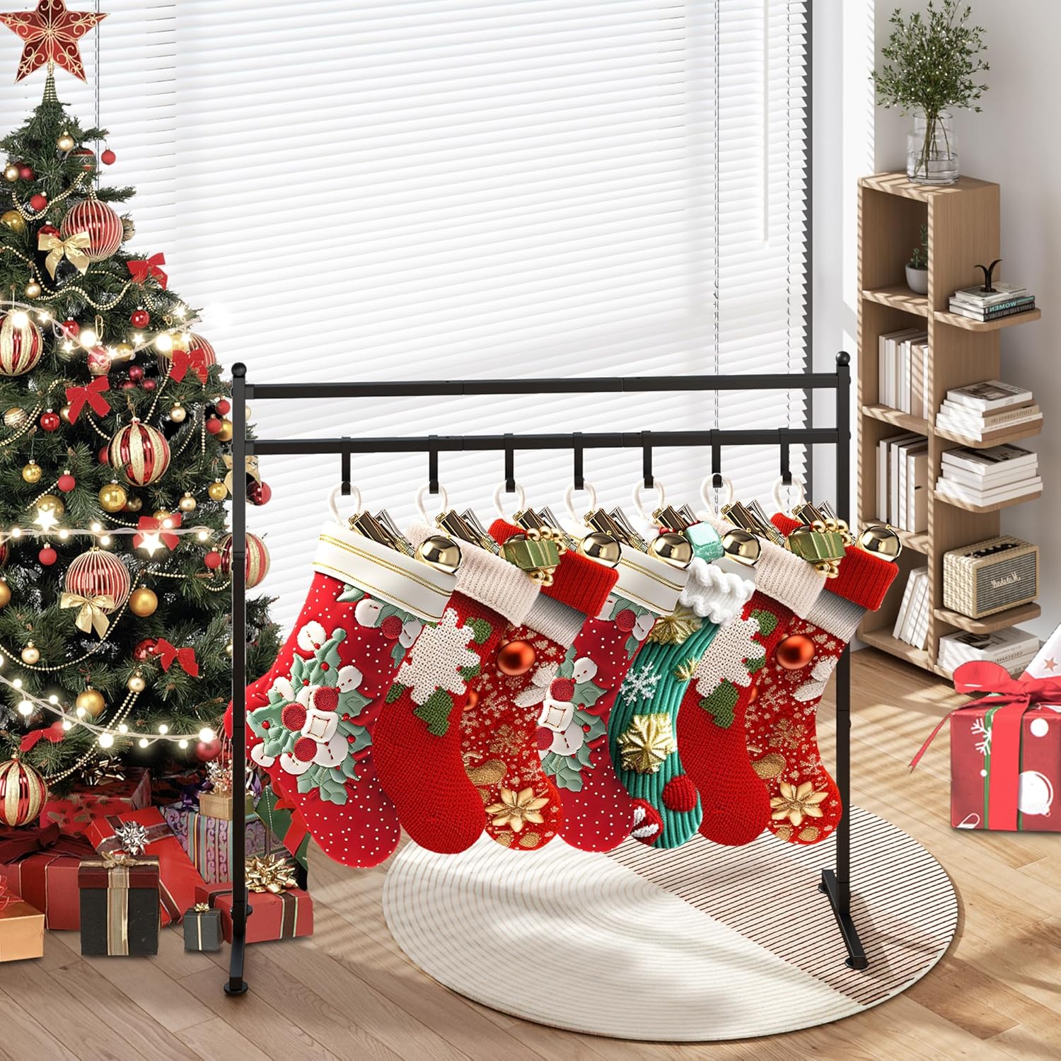 Freestanding Christmas Stocking Holder Stand with 8 Hook, Heavy Duty Metal Christmas Stocking Stand for Floor, Holiday Decor Hanger Display for Home, Display Window, Living Room