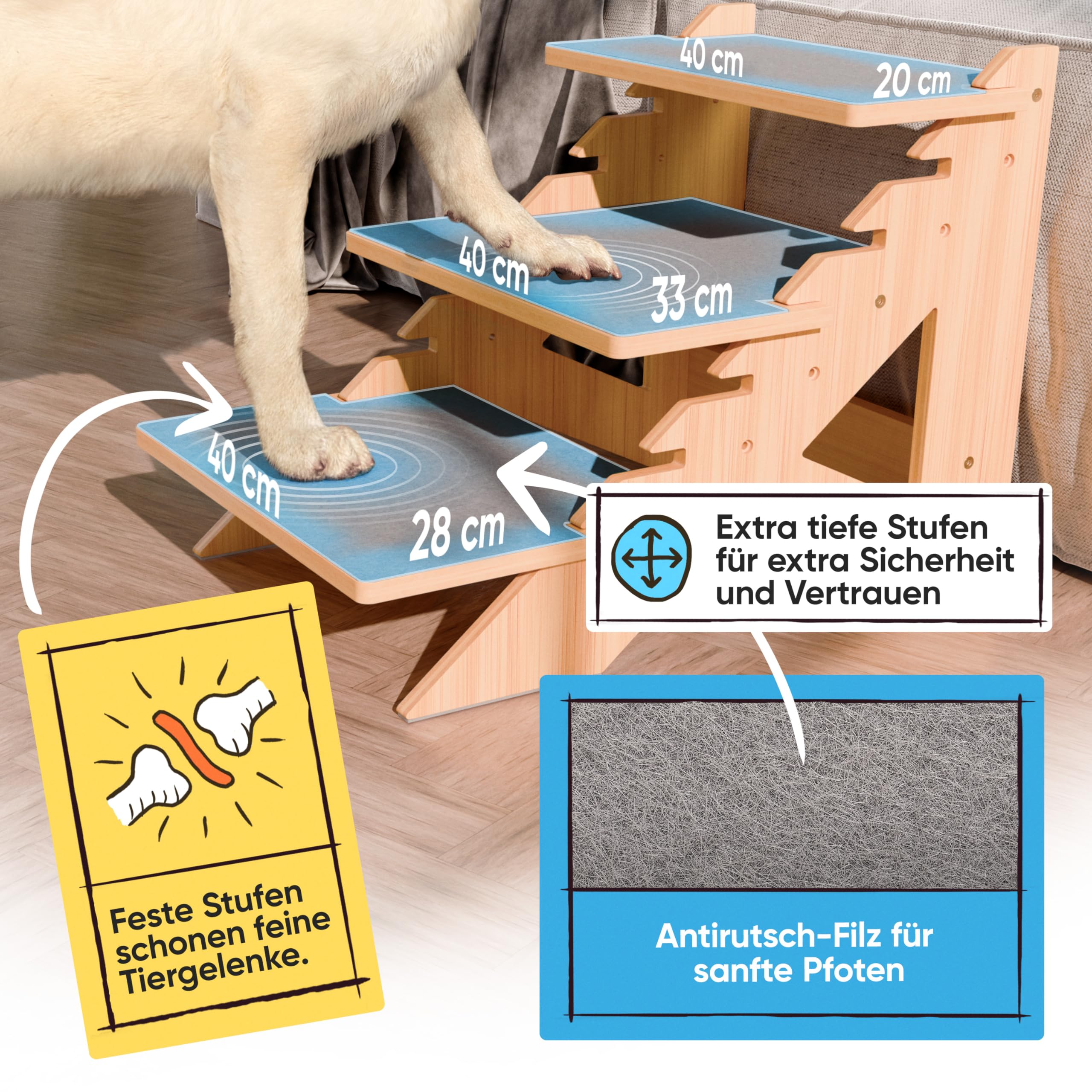 AMAZINGs Haustiertreppe für kleine, mittlere und schwere Hunde, Junge und alte Katzen. Flexibel einstellbar | Hundetreppe, Katzentreppe | 40 cm hoch, für Höhen von 25-55 cm, für Sofa, Couch, Bett