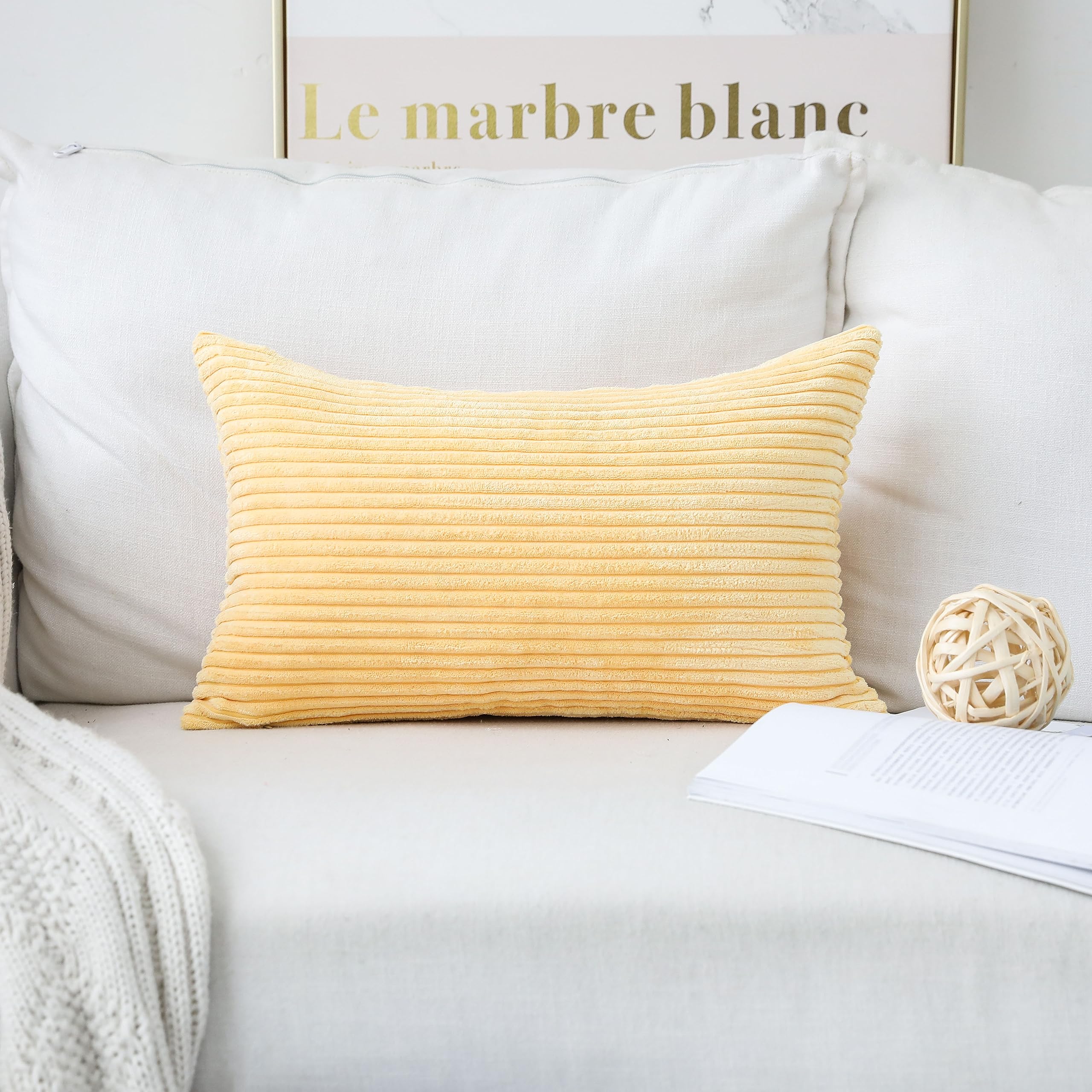 Home Brilliant12x20 Pillow Cover Easter Soft Lumbar Throw Pillow Cover Yellow Corduroy Striped Pillow Case for Bench Bedroom Living Room, 12 x 20 inches, 30cm x 50cm, Light Yellow